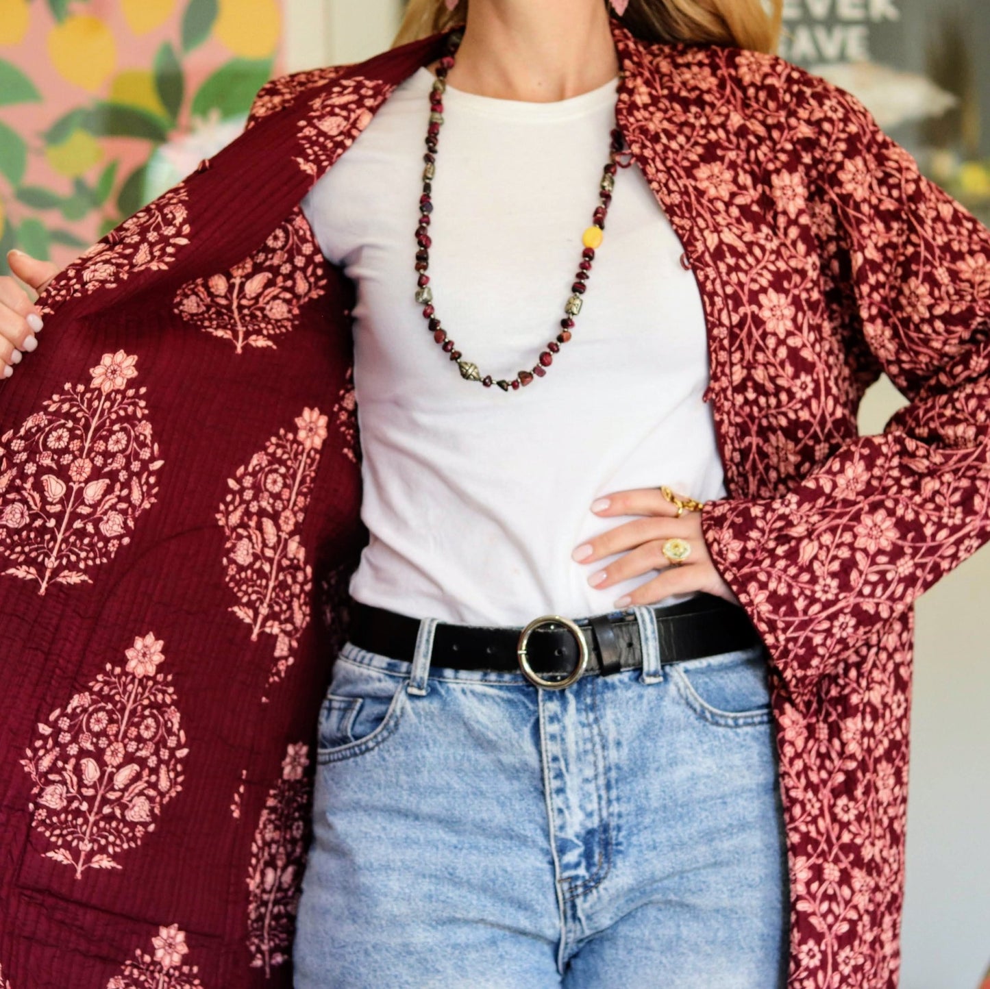 Reversible Quilted Cotton Coat In Pinotage Posy