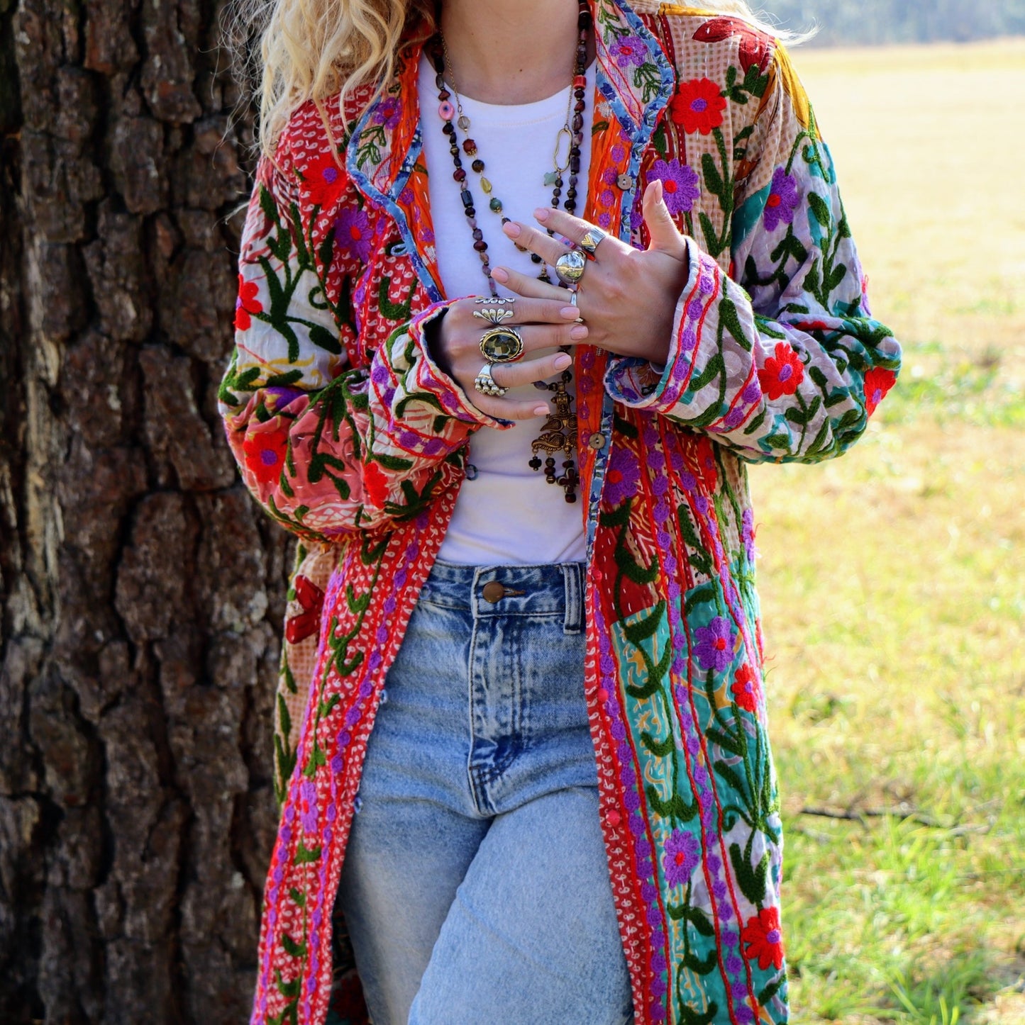 Embroidered Kantha Jacket In Pink & Purple Bloom- Handmade Jewellery - i am boho