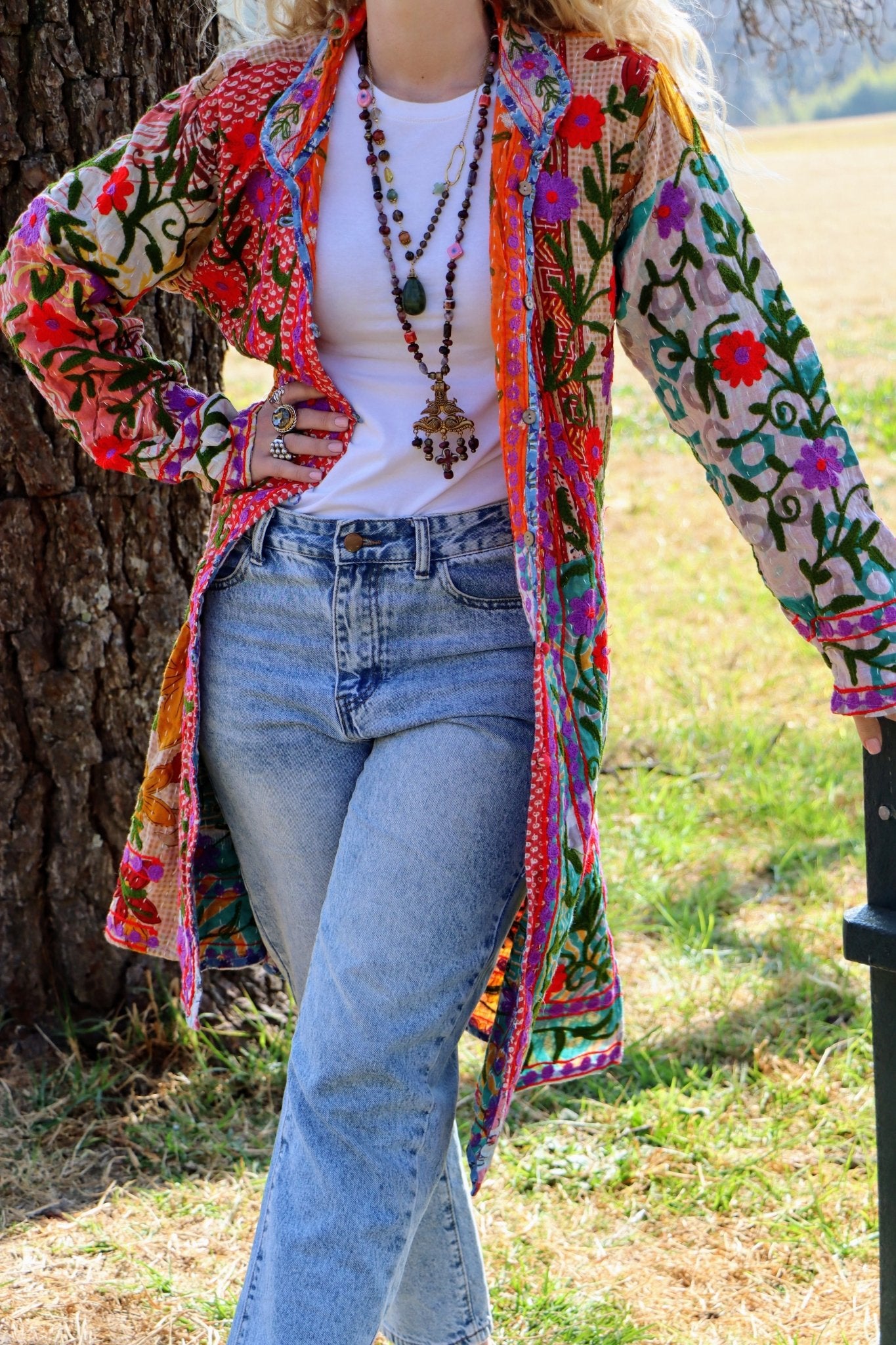 Embroidered Kantha Jacket In Pink & Purple Bloom- Handmade Jewellery - i am boho