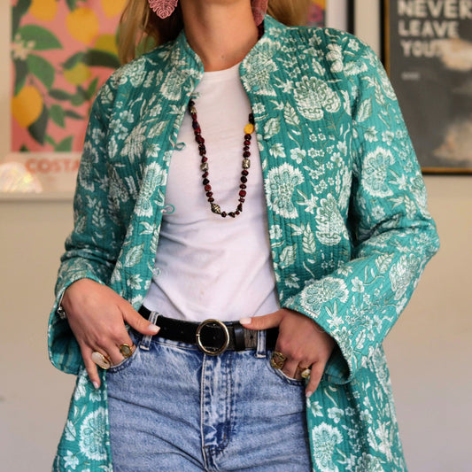 Reversible Quilted Coat in Turquoise Botanical - Handmade Jewellery - i am boho