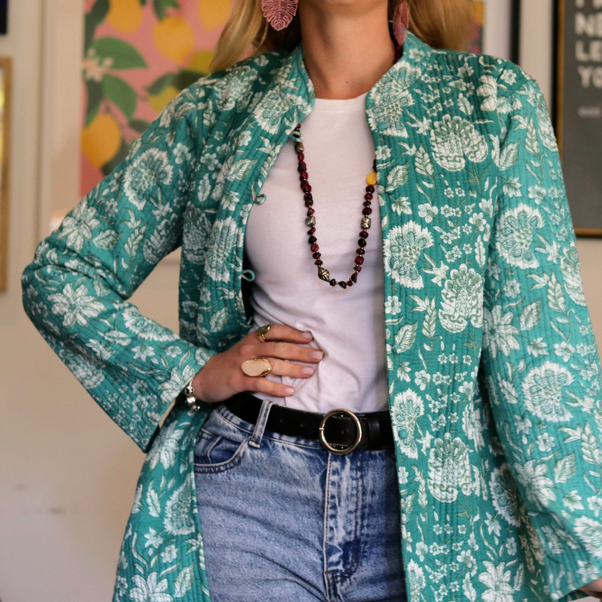 Reversible Quilted Coat in Turquoise Botanical - Handmade Jewellery - i am boho