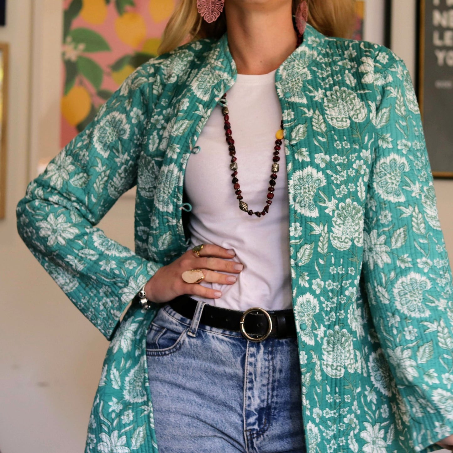 Reversible Quilted Coat in Turquoise Botanical - Handmade Jewellery - i am boho