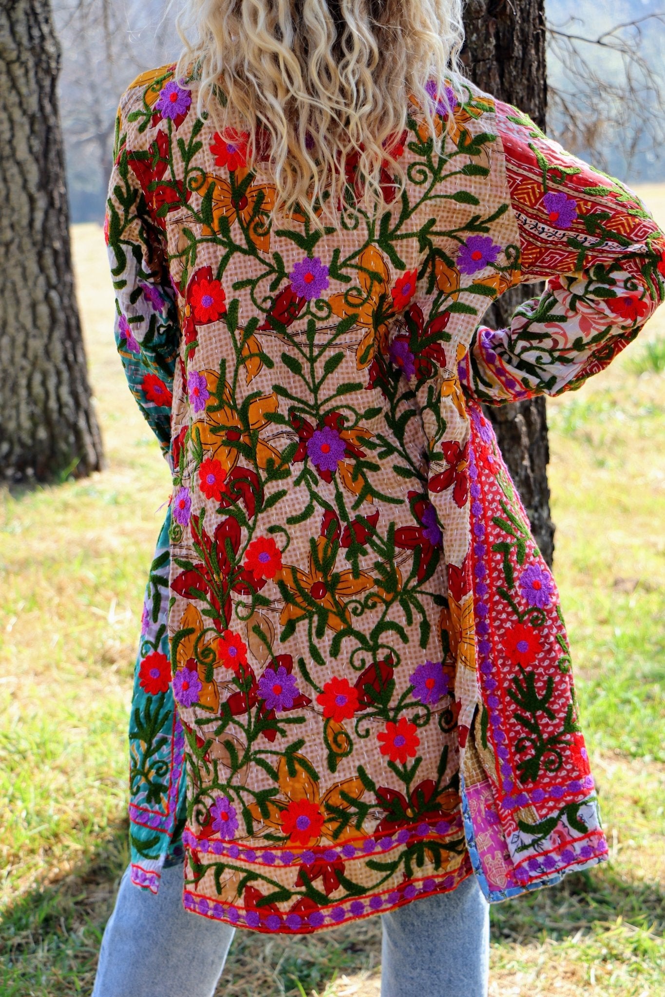 Embroidered Kantha Jacket In Pink & Purple Bloom- Handmade Jewellery - i am boho