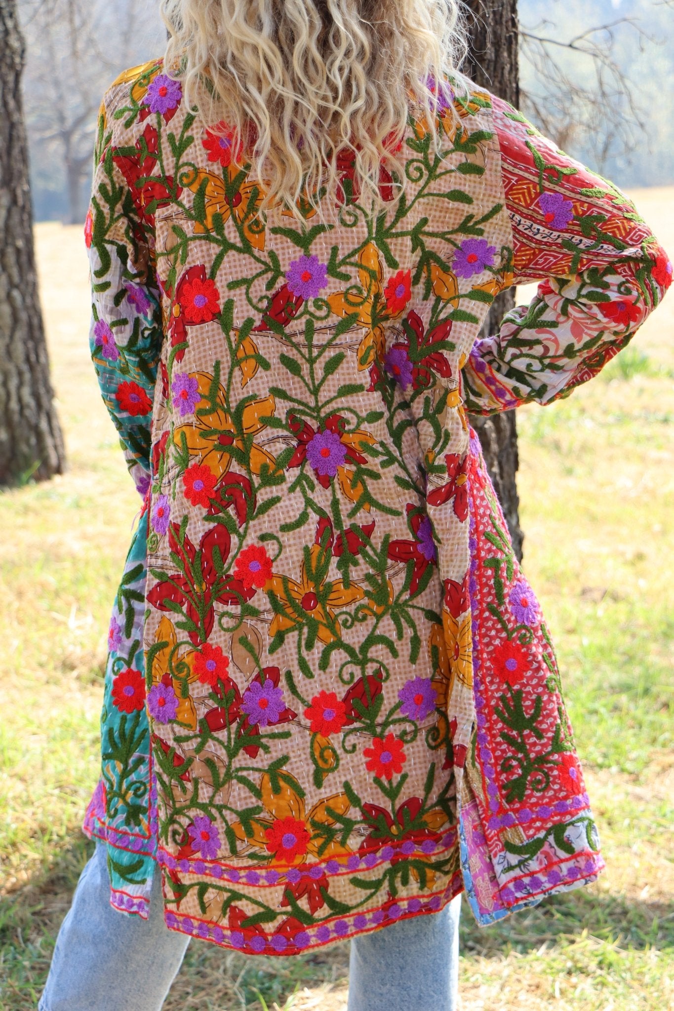 Embroidered Kantha Jacket In Pink & Purple Bloom- Handmade Jewellery - i am boho