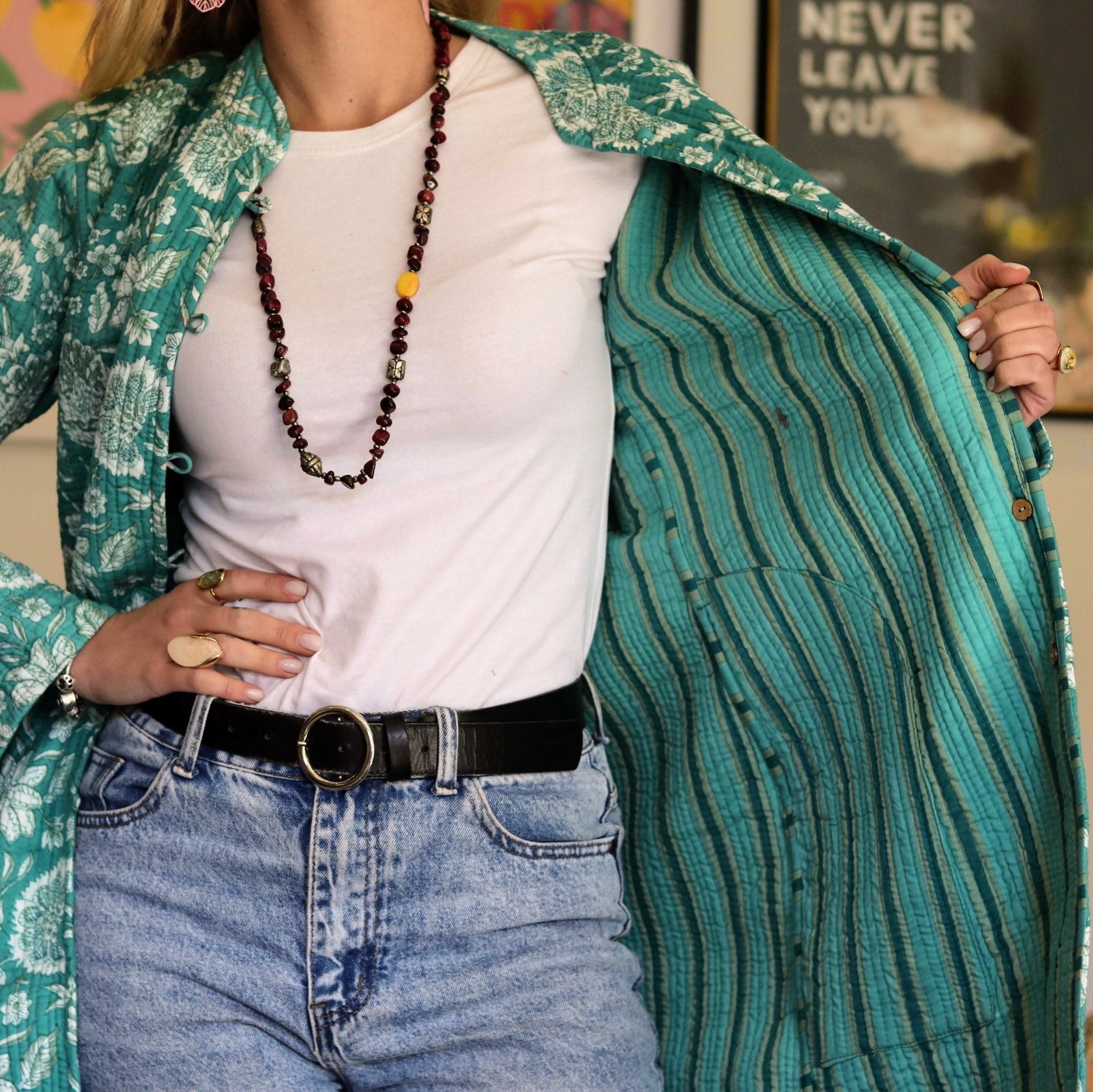 Reversible Quilted Coat in Turquoise Botanical - Handmade Jewellery - i am boho