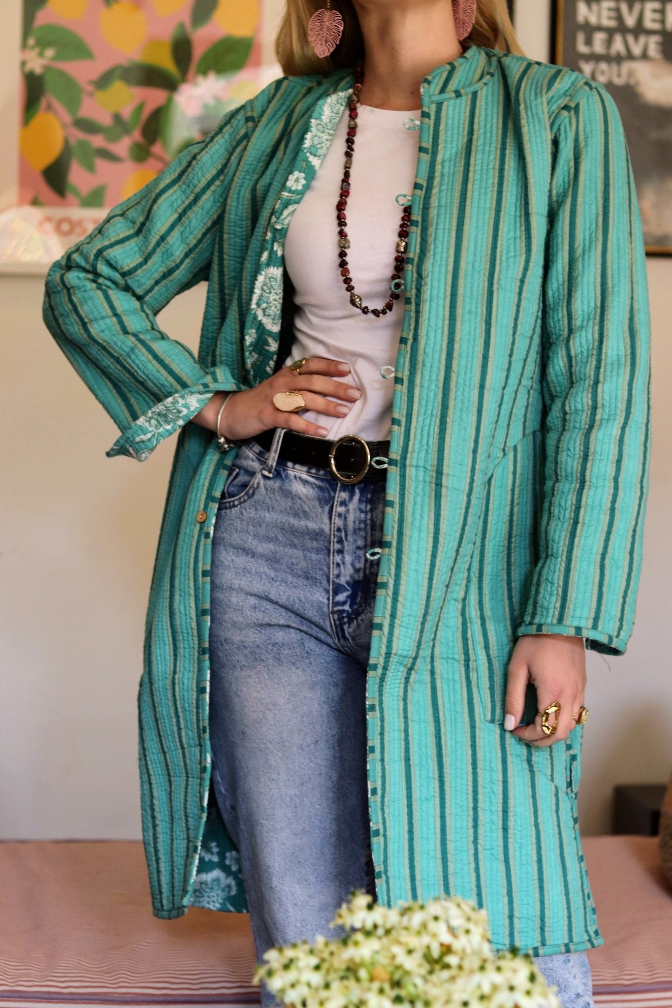 Reversible Quilted Coat in Turquoise Botanical - Handmade Jewellery - i am boho