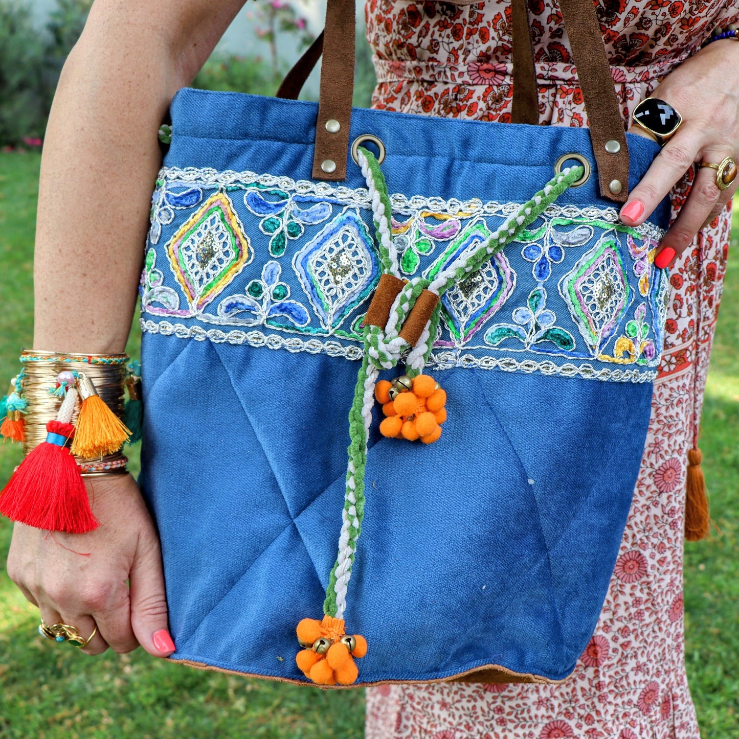 Tangerine pompom quilted bag