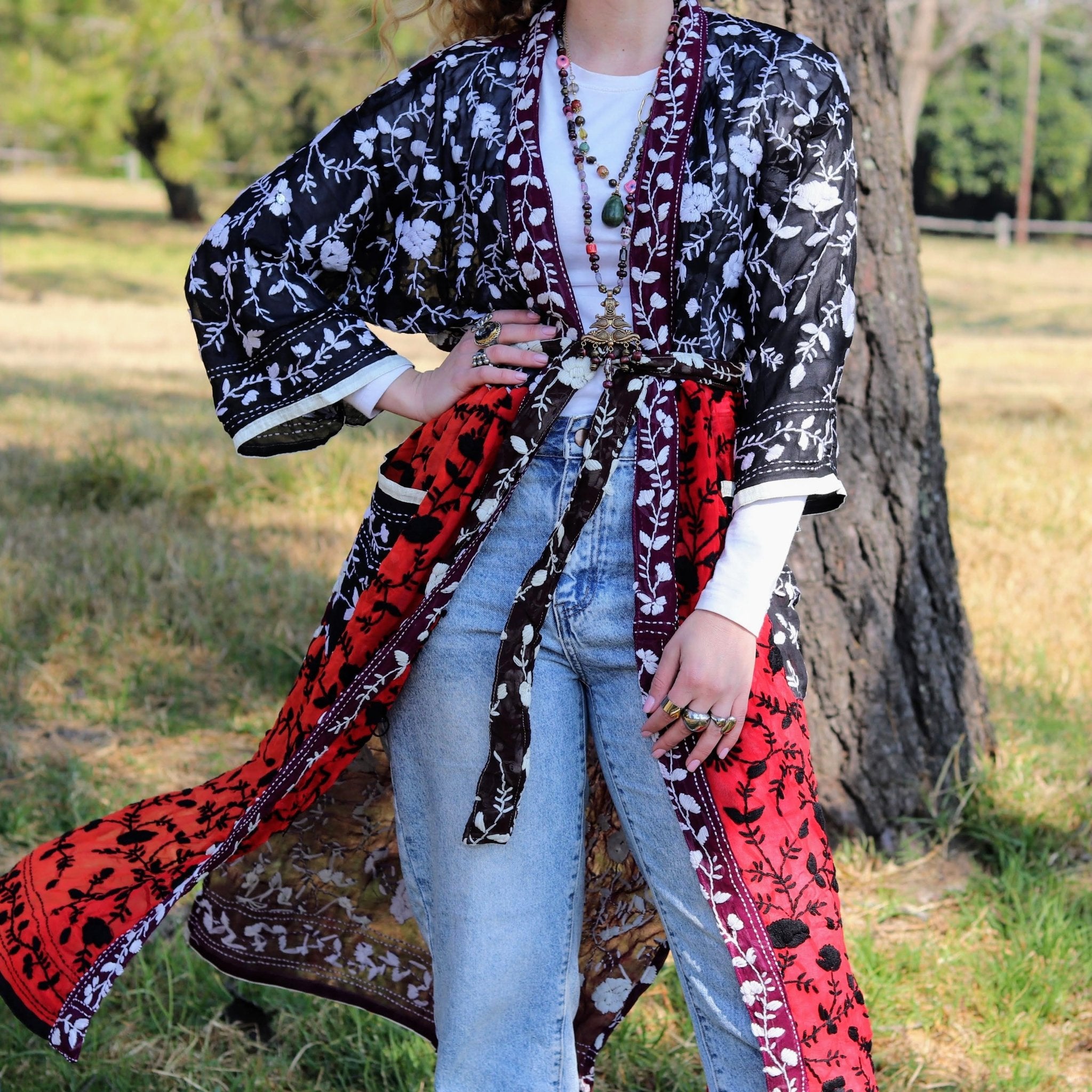 Phulkari Kimono in Scarlet & Shadow