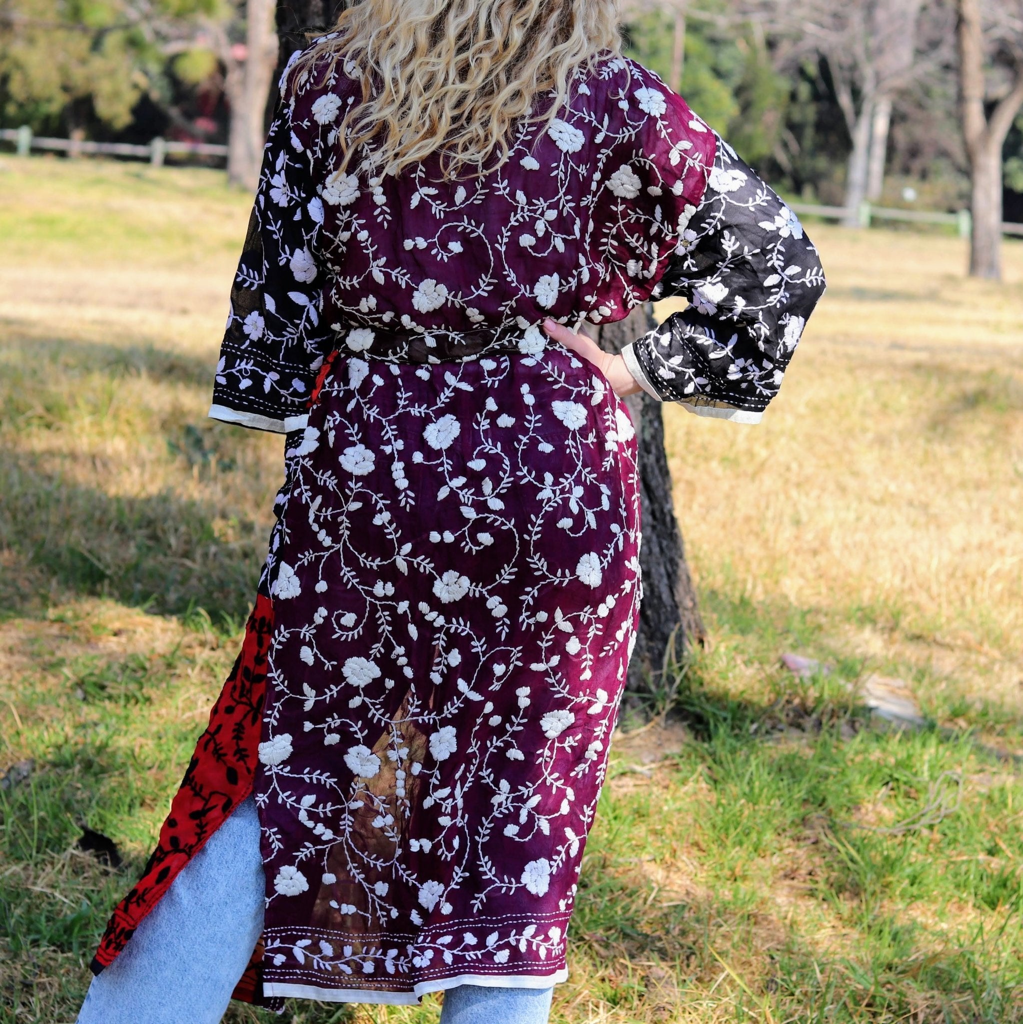 Phulkari Kimono in Scarlet & Shadow