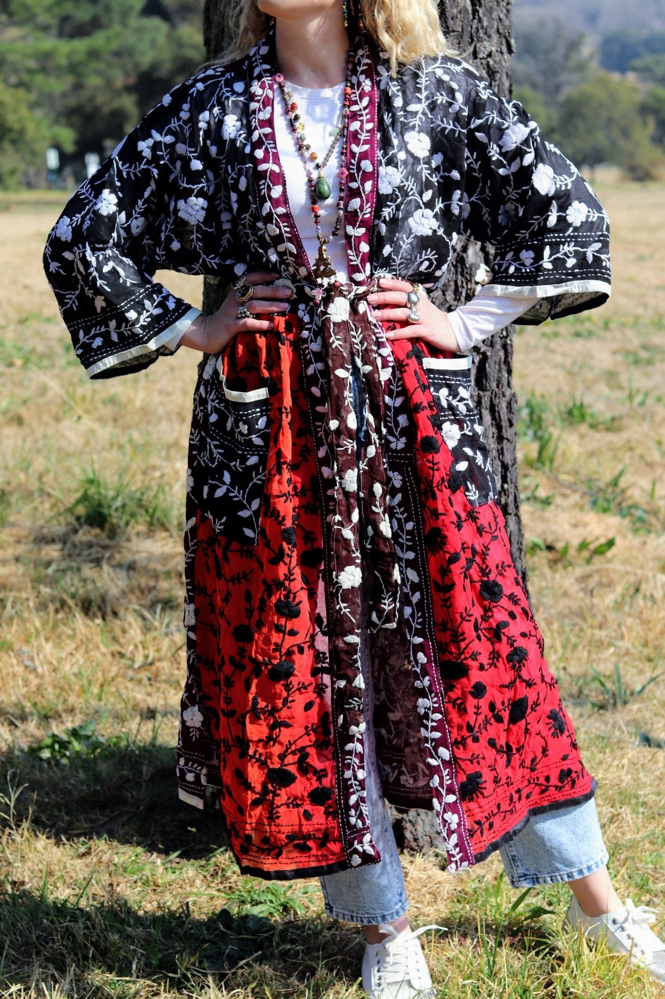 Phulkari Kimono in Scarlet & Shadow