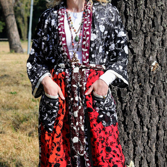Phulkari Kimono in Scarlet & Shadow- Handmade Jewellery - i am boho