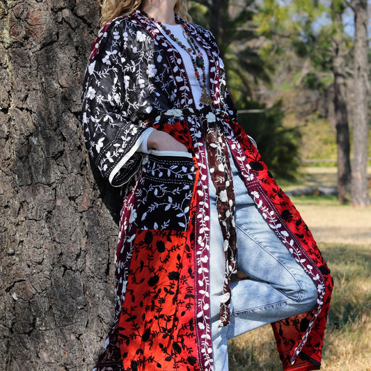 Phulkari Kimono in Scarlet & Shadow- Handmade Jewellery - i am boho