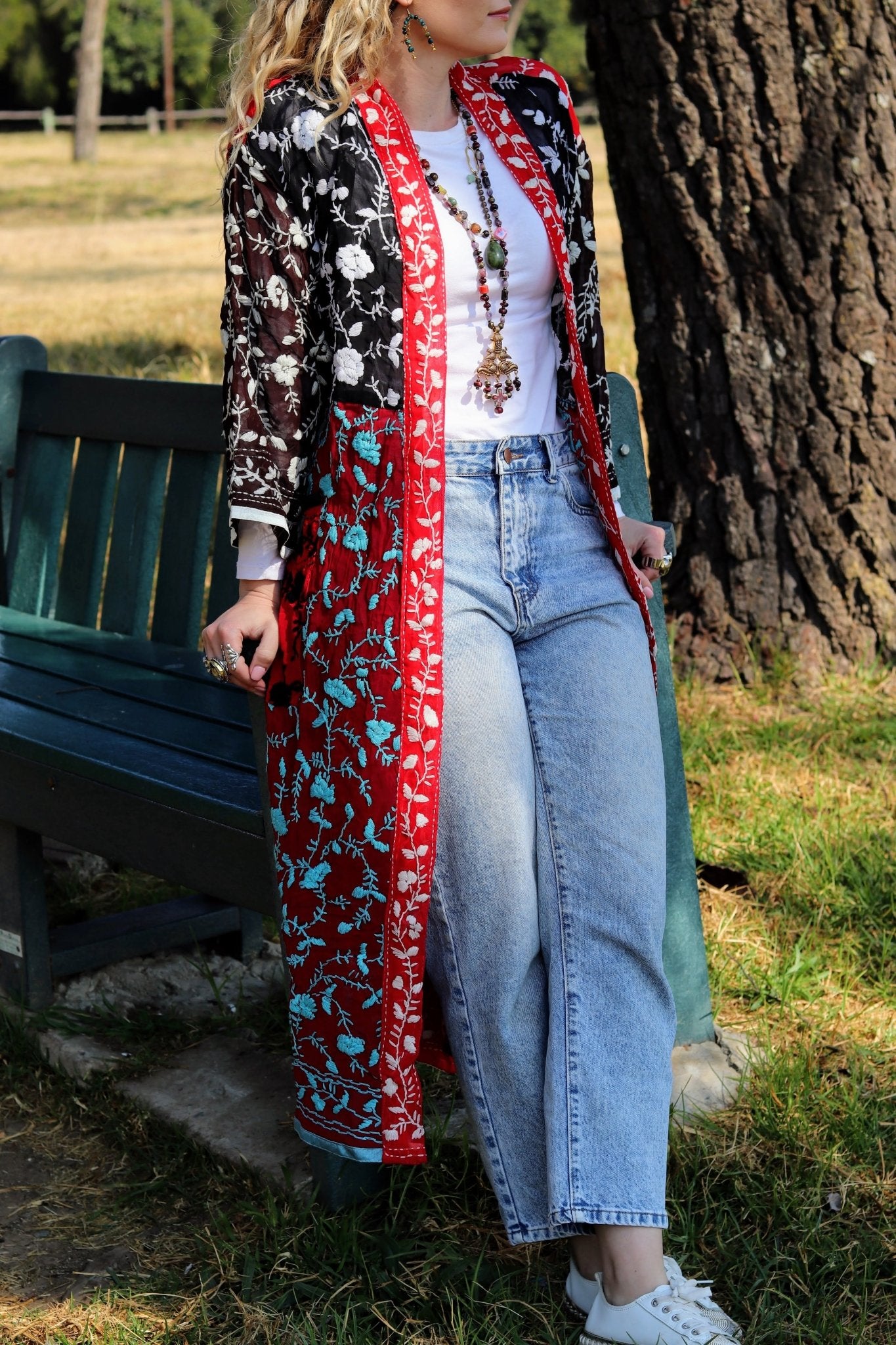 Phulkari Kimono in Teal & Crimson
