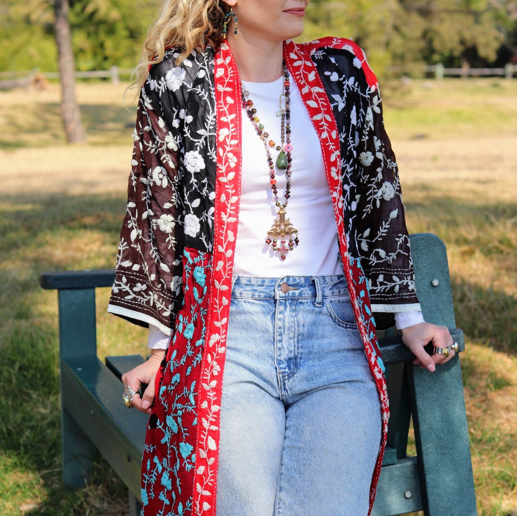 Phulkari Kimono in Teal & Crimson