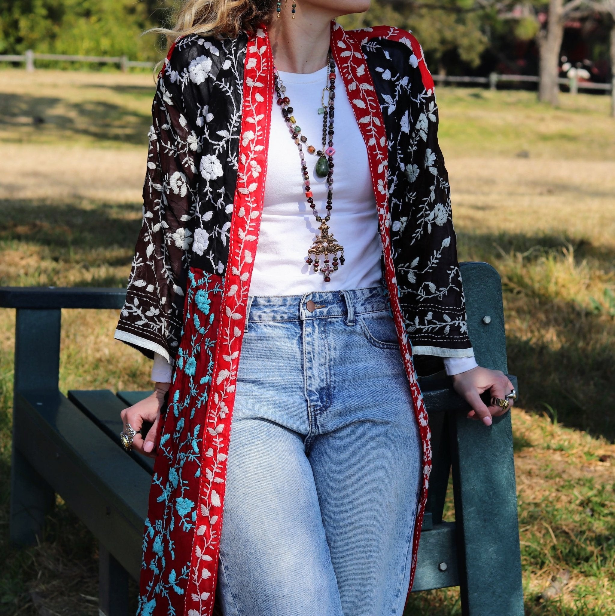 Phulkari Kimono in Teal & Crimson