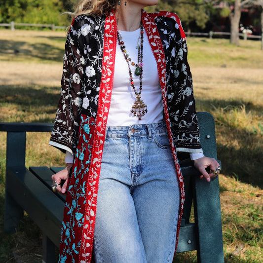 Phulkari Kimono in Teal & Crimson- Handmade Jewellery - i am boho