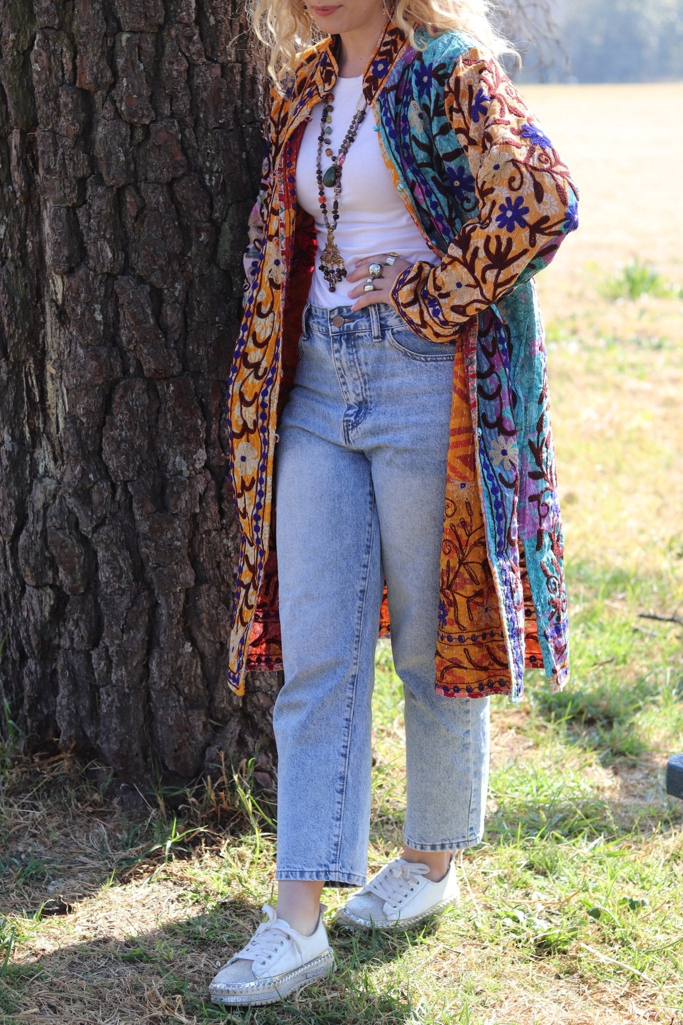 Embroidered Kantha Jacket In Amber Patchwork- Handmade Jewellery - i am boho