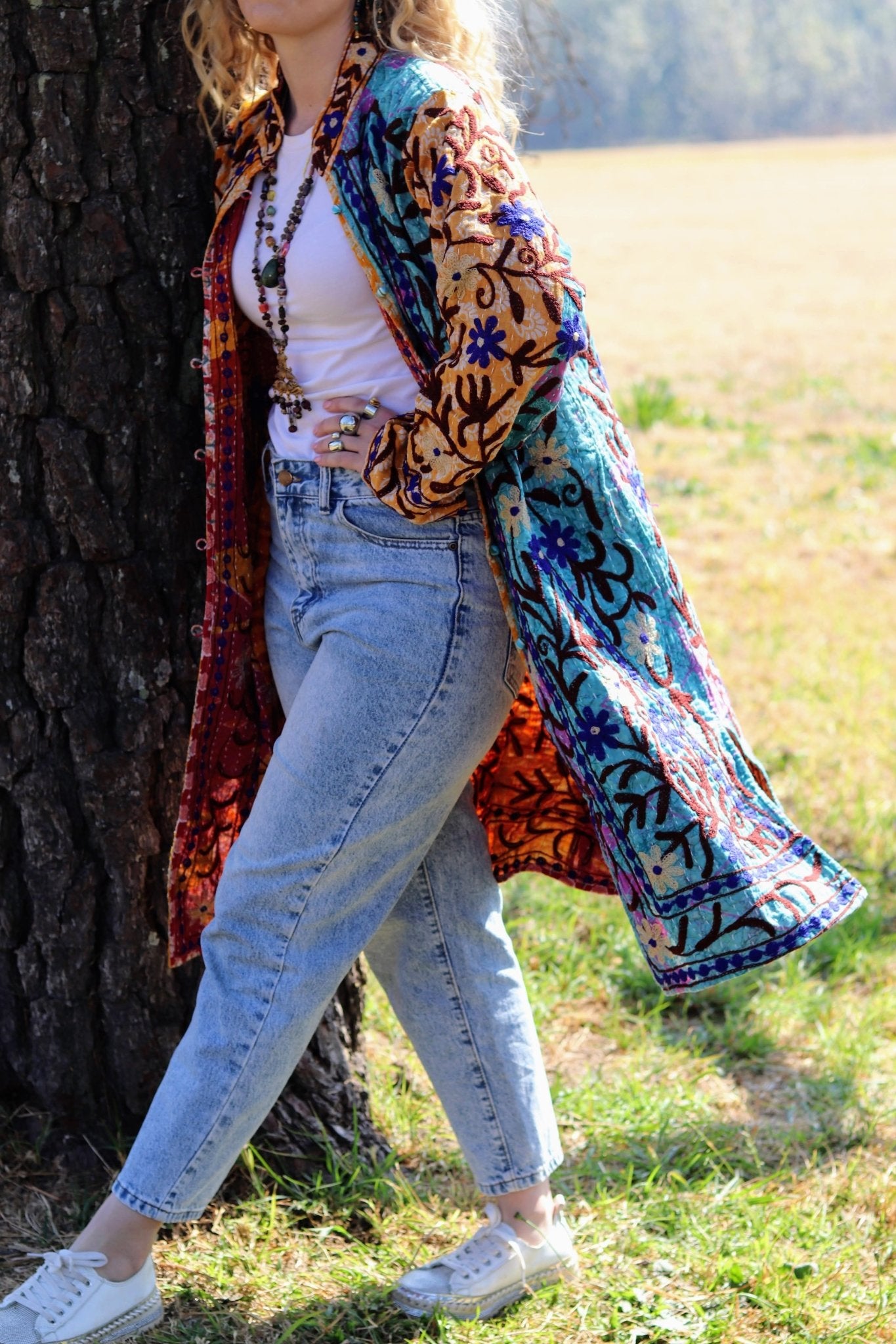 Embroidered Kantha Jacket In Amber Patchwork- Handmade Jewellery - i am boho