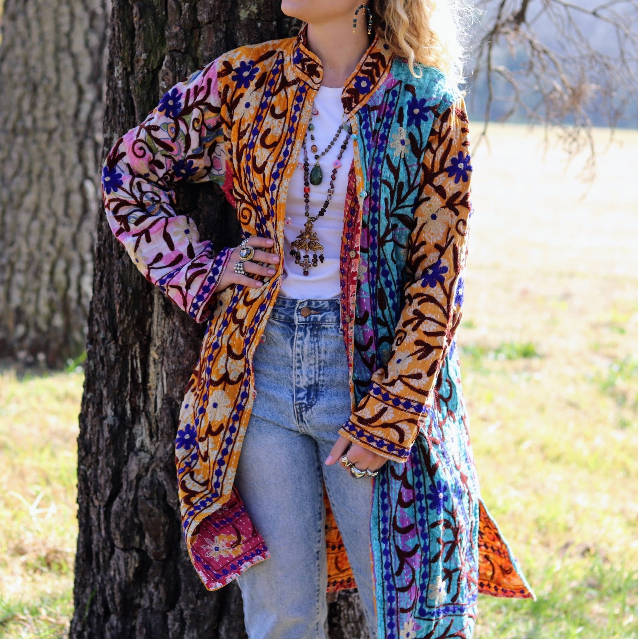 Embroidered Kantha Jacket In Amber Patchwork- Handmade Jewellery - i am boho