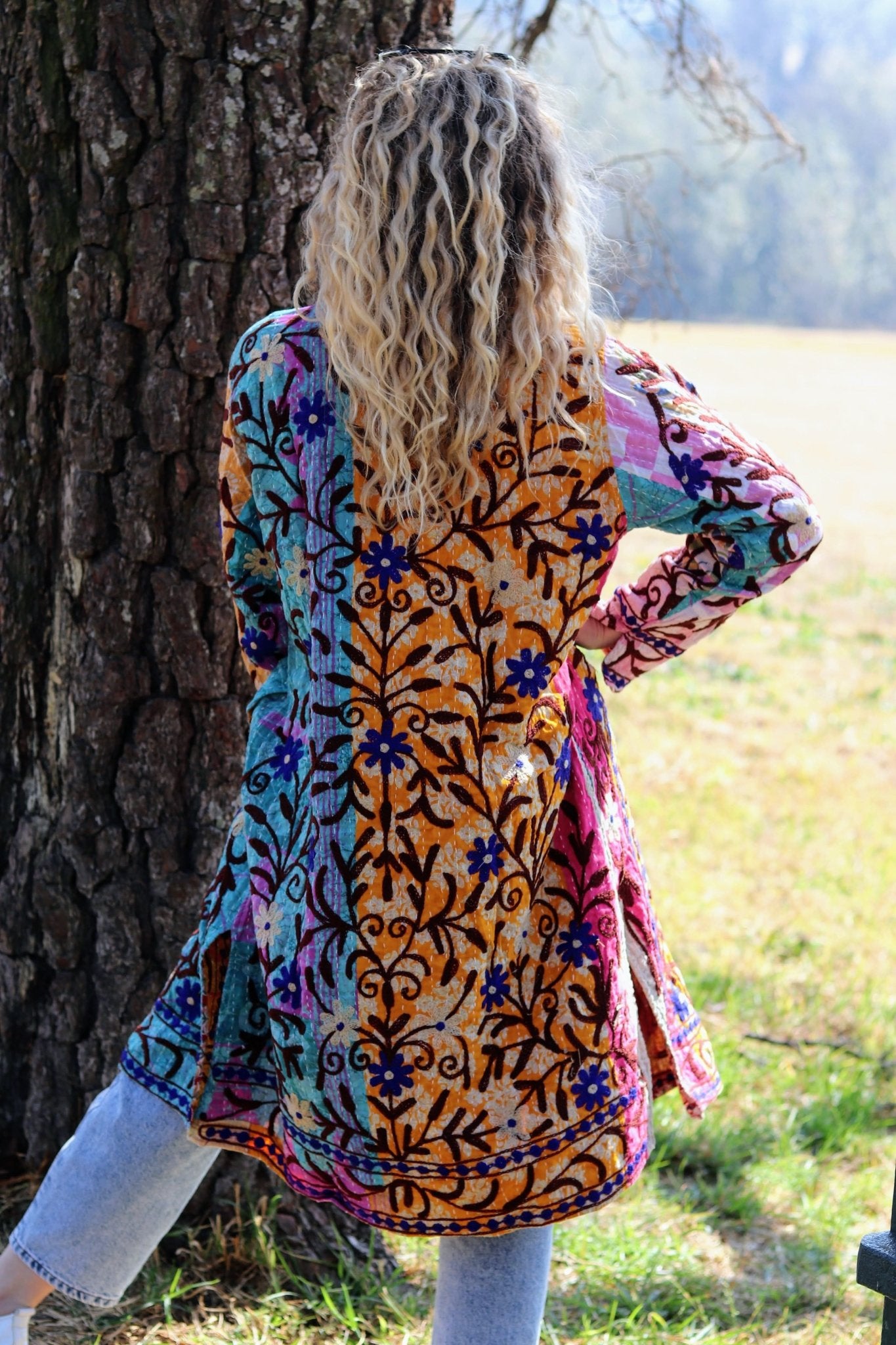 Embroidered Kantha Jacket In Amber Patchwork- Handmade Jewellery - i am boho