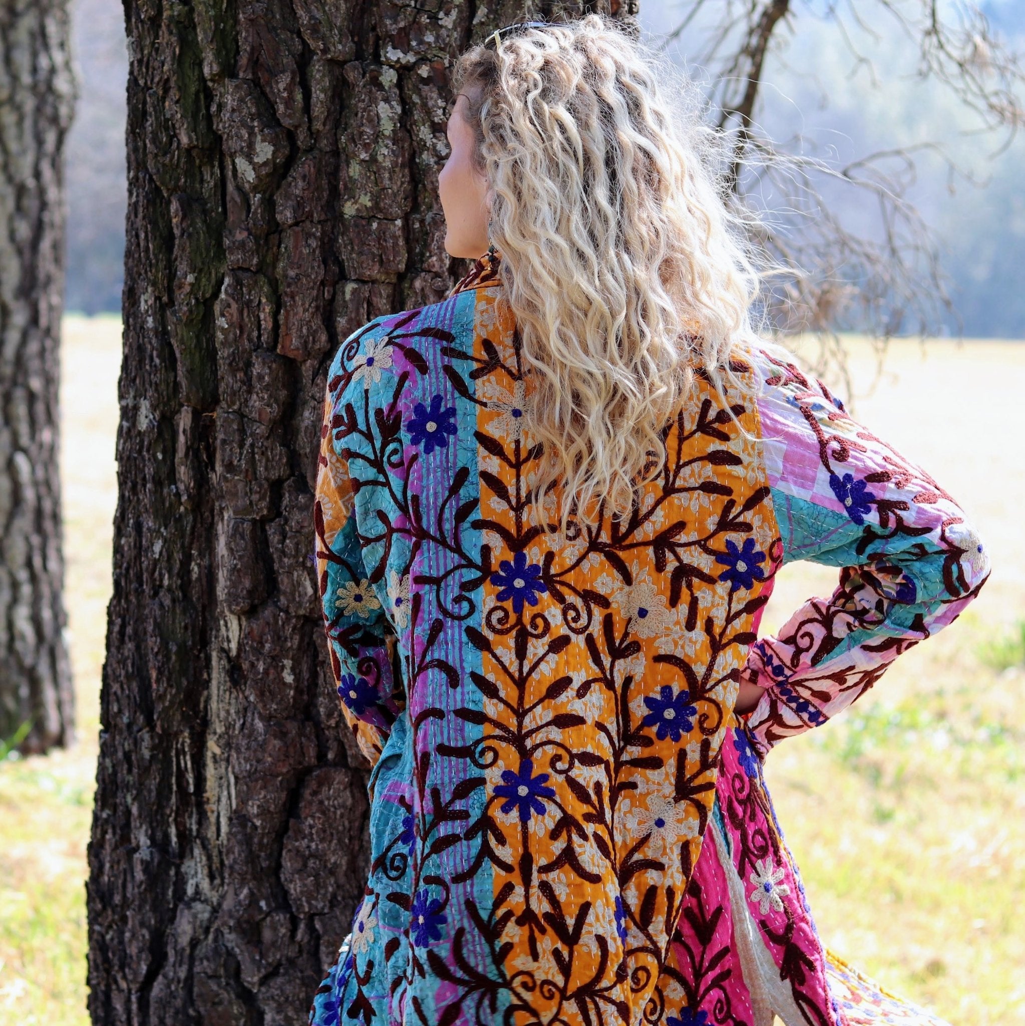Embroidered Kantha Jacket In Amber Patchwork- Handmade Jewellery - i am boho