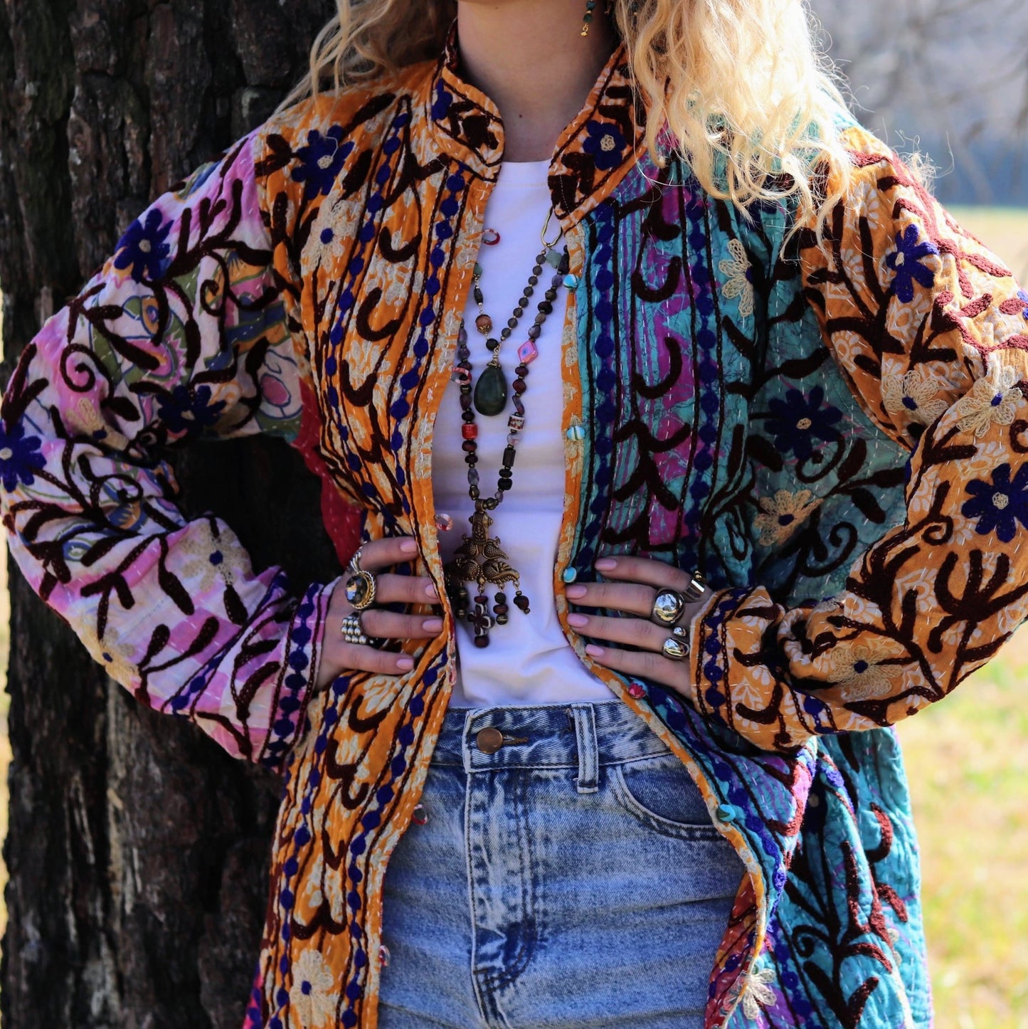 Embroidered Kantha Jacket In Amber Patchwork- Handmade Jewellery - i am boho