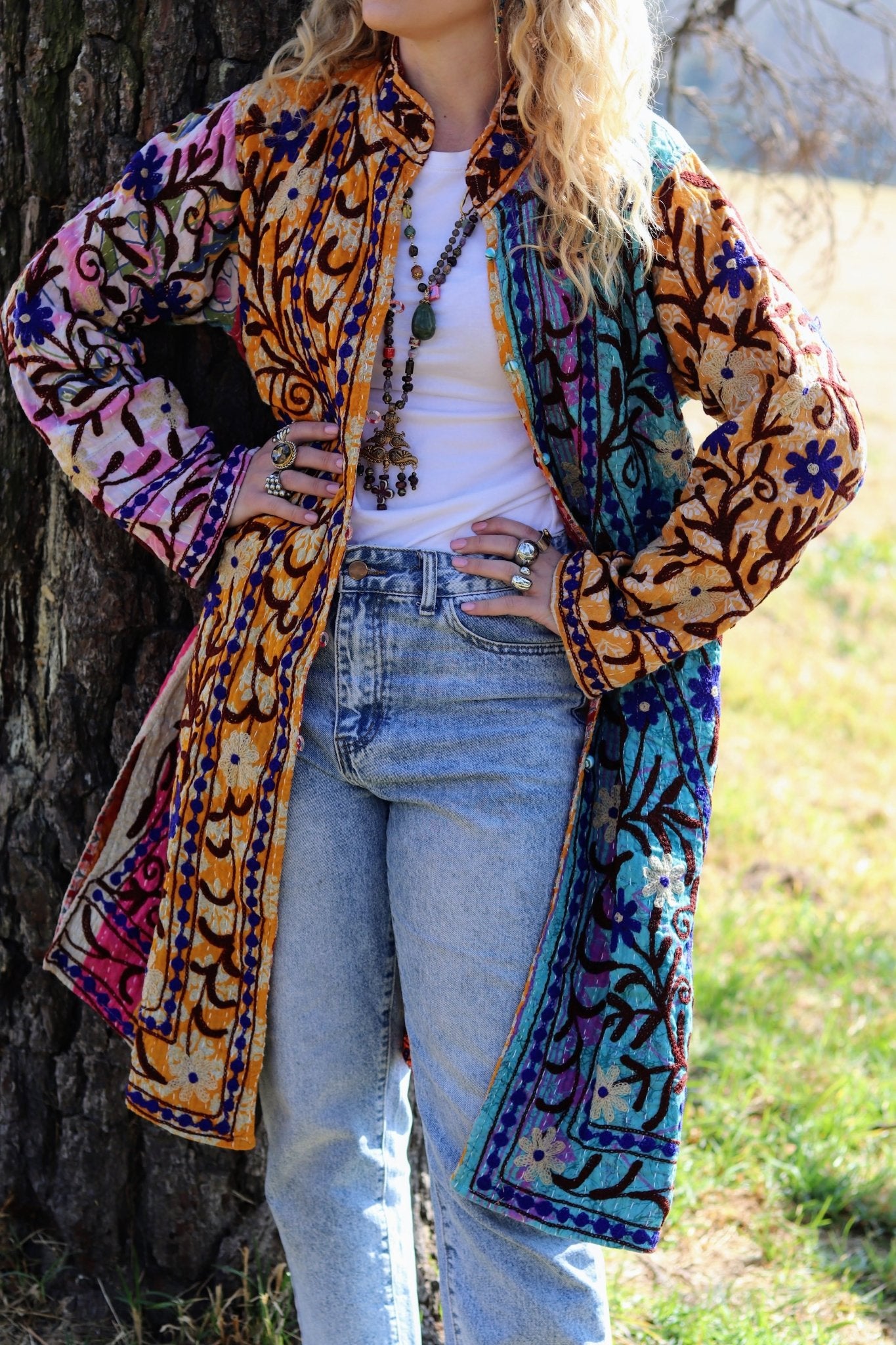 Embroidered Kantha Jacket In Amber Patchwork- Handmade Jewellery - i am boho