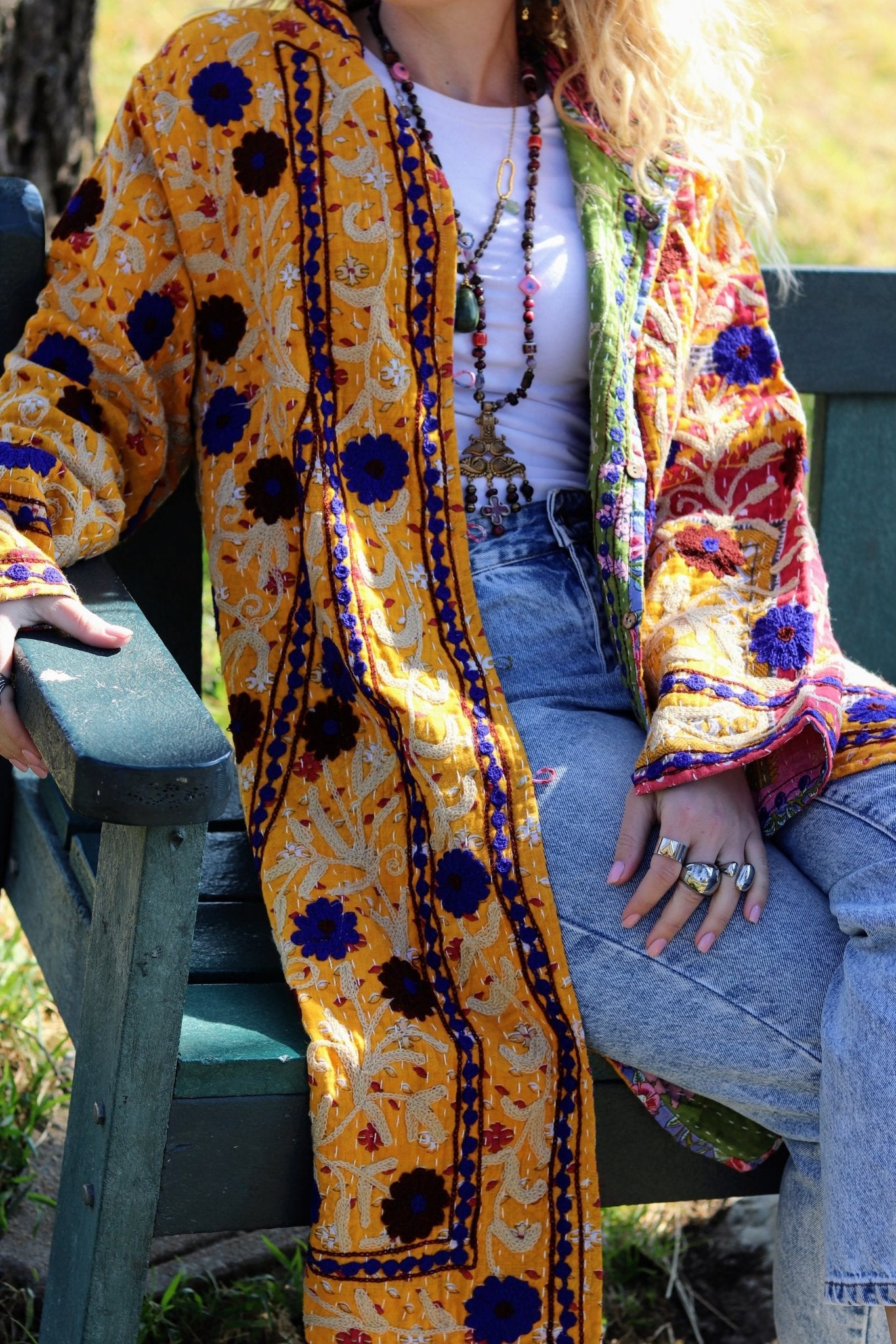 Embroidered Kantha Jacket In Mustard & Cobalt Bloom- Handmade Jewellery - i am boho