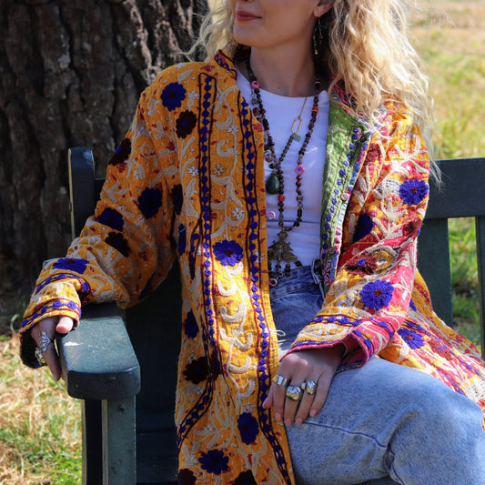 Embroidered Kantha Jacket In Mustard & Cobalt Bloom- Handmade Jewellery - i am boho