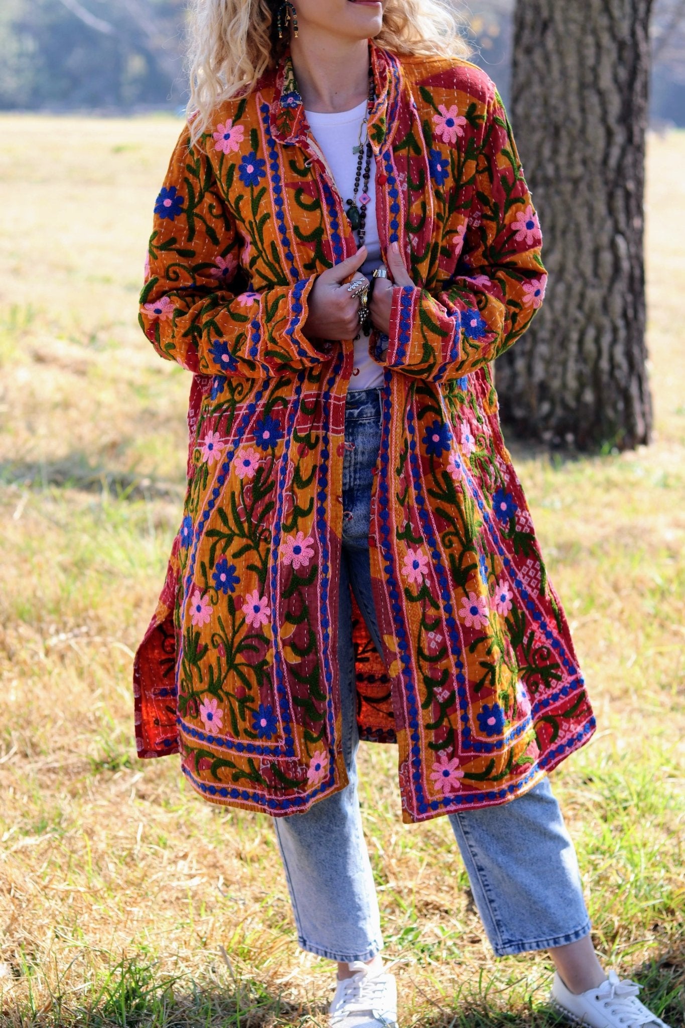 Embroidered Kantha Jacket In Autumn Daisy- Handmade Jewellery - i am boho