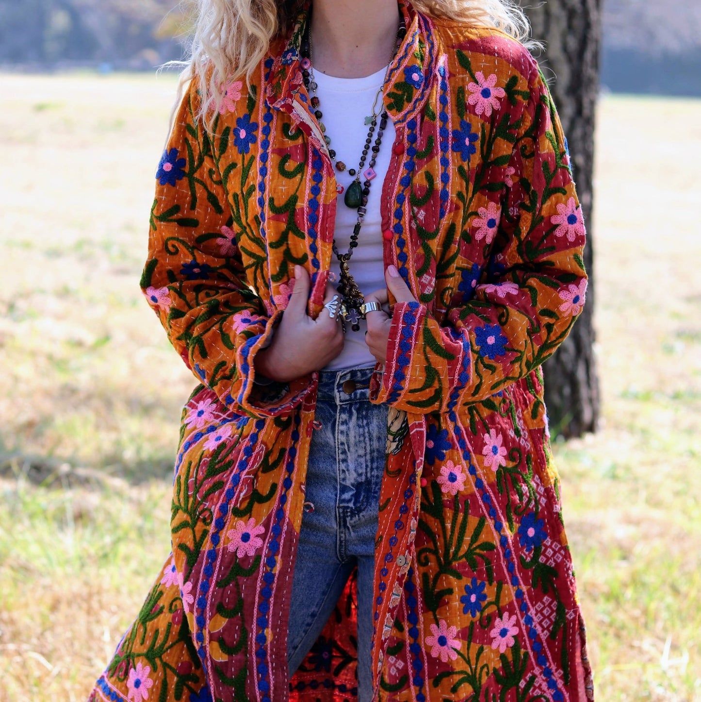 Embroidered Kantha Jacket In Autumn Daisy- Handmade Jewellery - i am boho