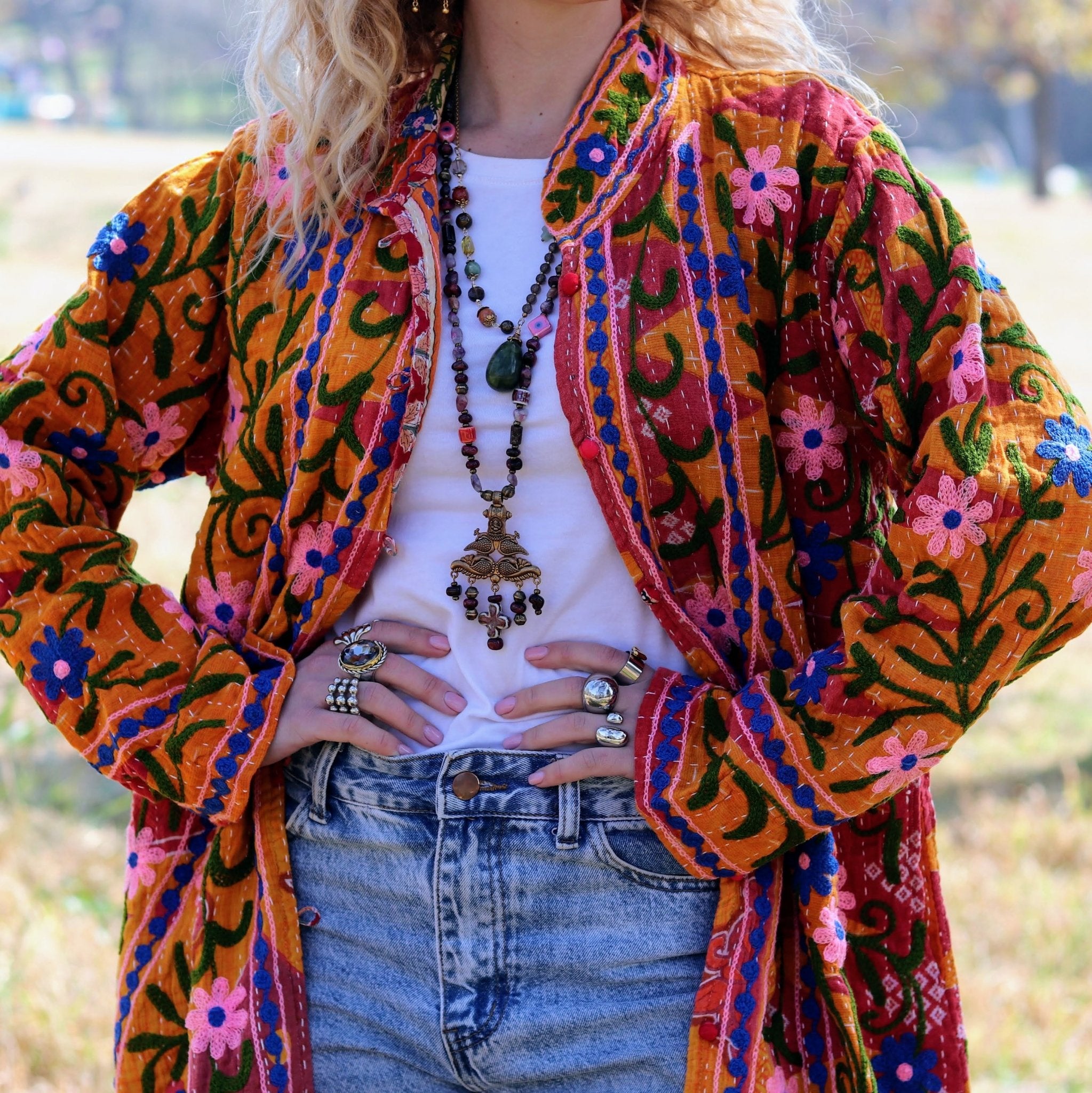 Embroidered Kantha Jacket In Autumn Daisy- Handmade Jewellery - i am boho