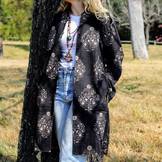 Reversible Quilted Coat in Ebony posy- Handmade Jewellery - i am boho