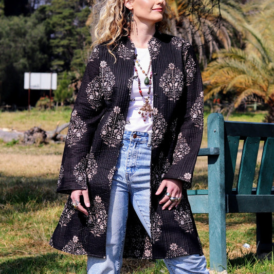Reversible Quilted Coat in Ebony posy- Handmade Jewellery - i am boho