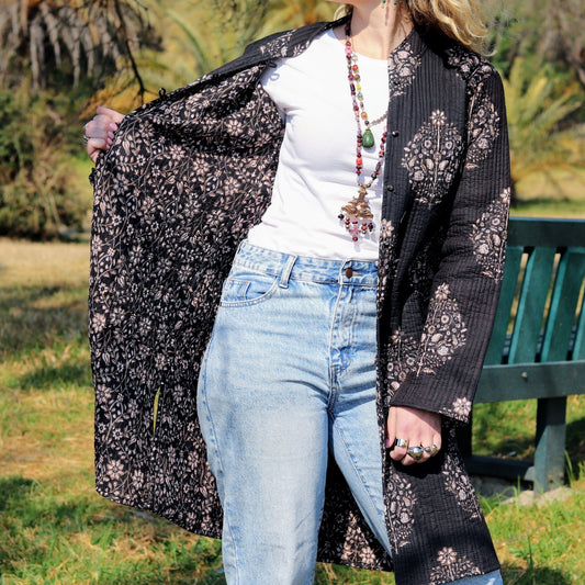 Reversible Quilted Coat in Ebony posy- Handmade Jewellery - i am boho