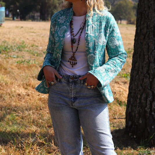 Reversible Jacket in Turquoise Botanical- Handmade Jewellery - i am boho