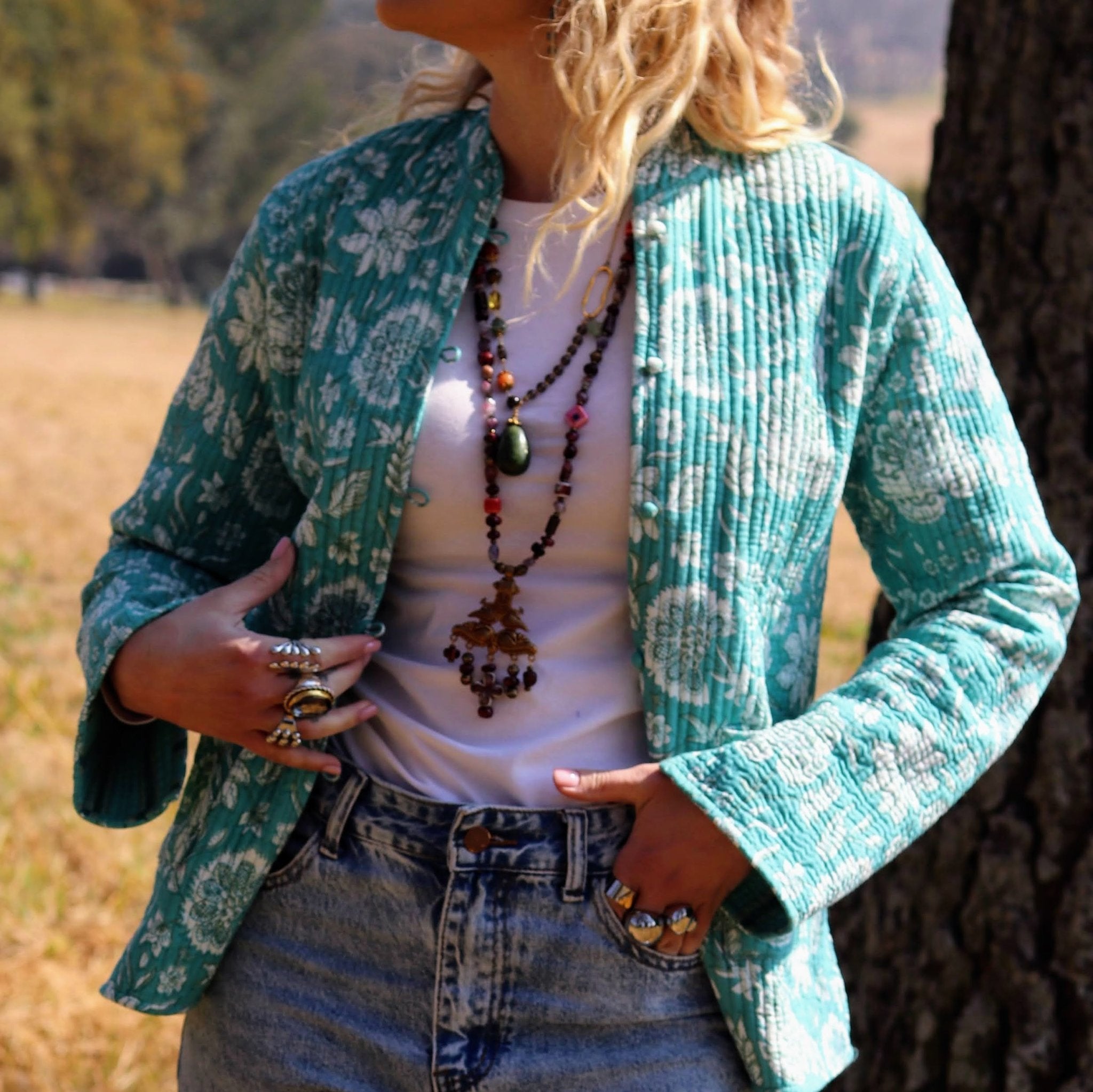 Reversible Jacket in Turquoise Botanical
