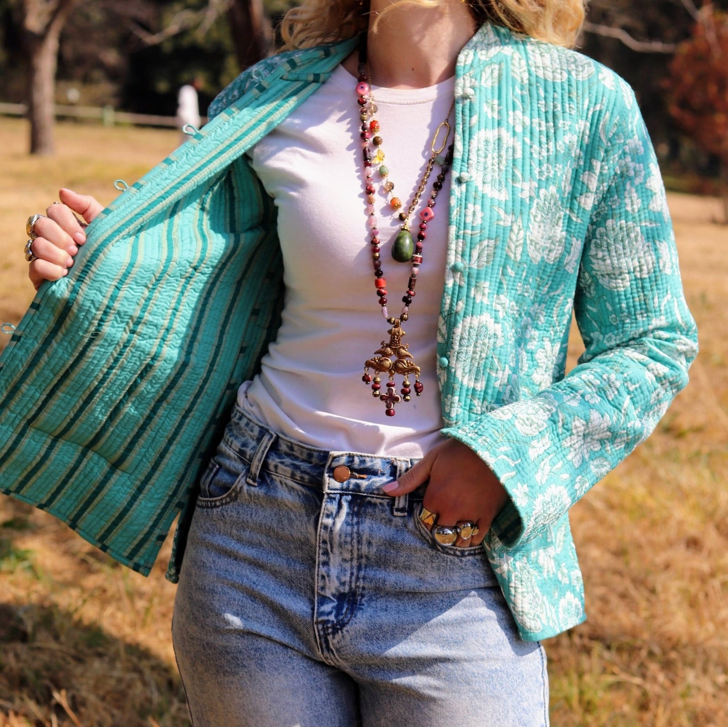 Reversible Jacket in Turquoise Botanical