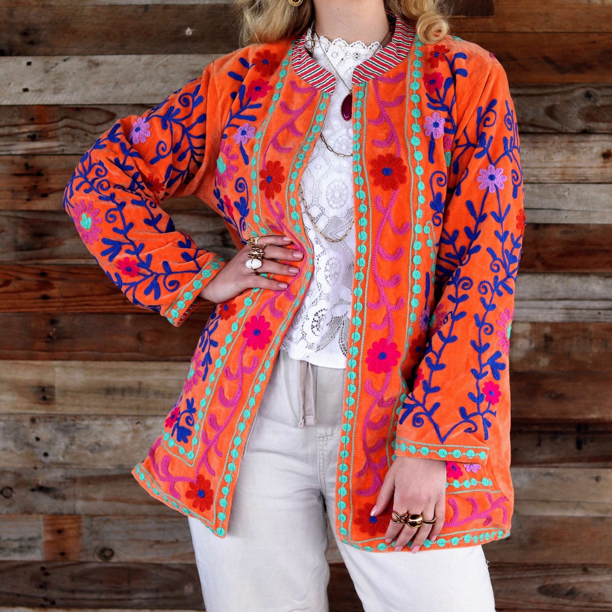 Velvet Suzani Jacket in Orange Peel- Handmade Jewellery - i am boho