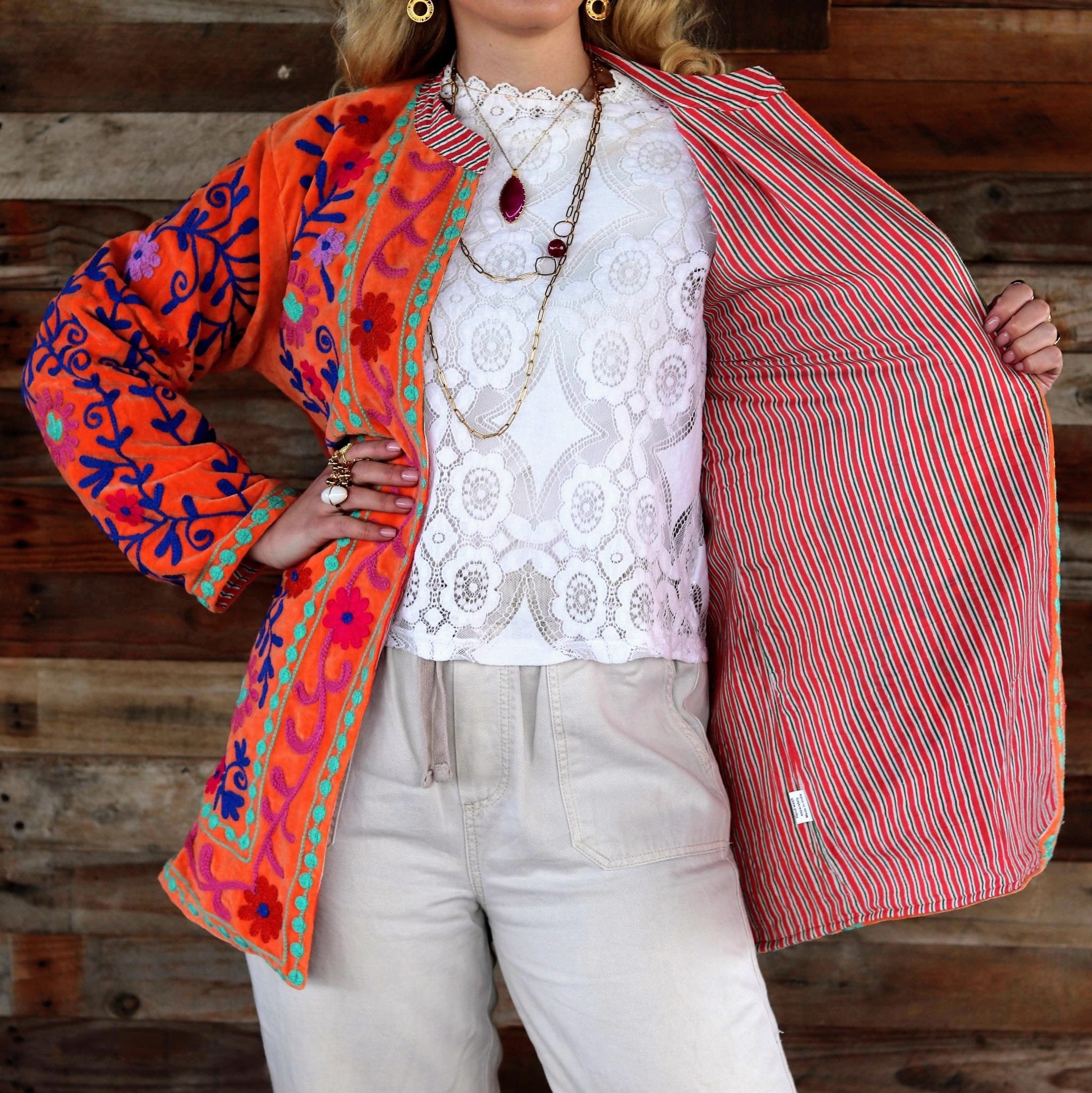 Velvet Suzani Jacket in Orange Peel- Handmade Jewellery - i am boho