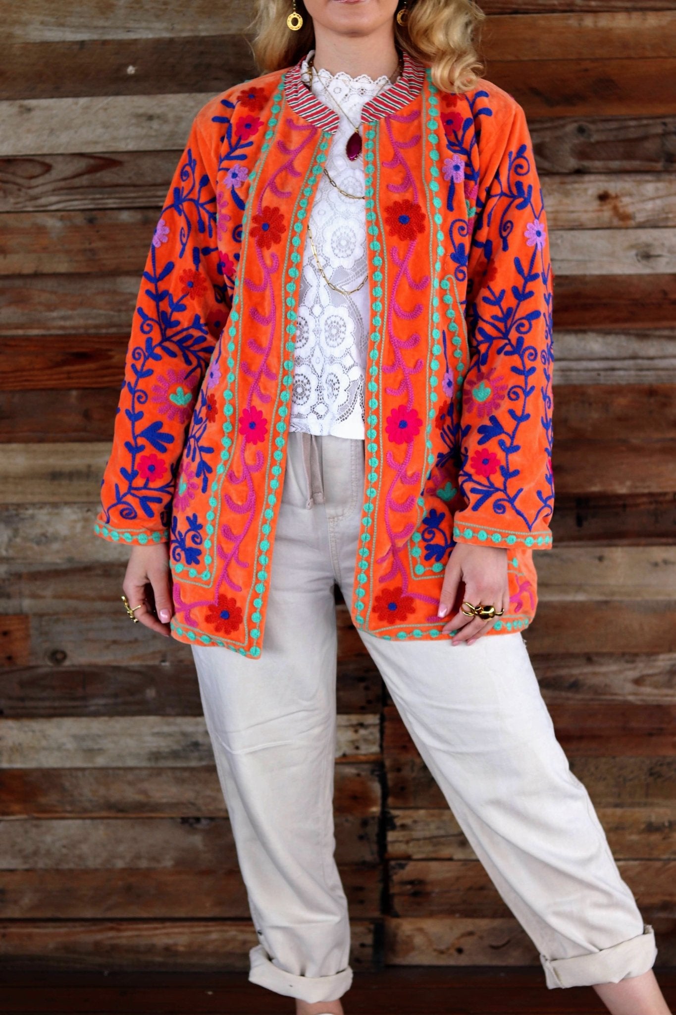 Velvet Suzani Jacket in Orange Peel- Handmade Jewellery - i am boho