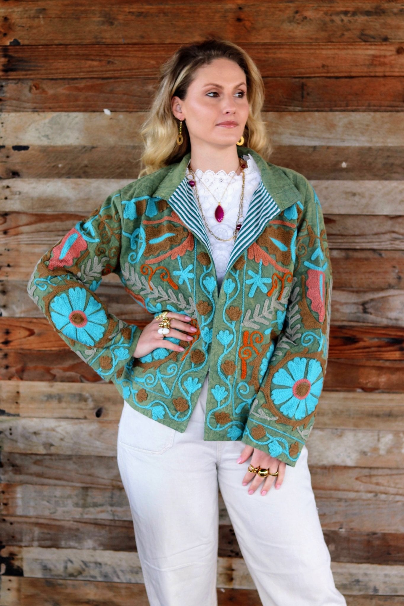 Cotton Suzani Jacket in Olive Sky- Handmade Jewellery - i am boho