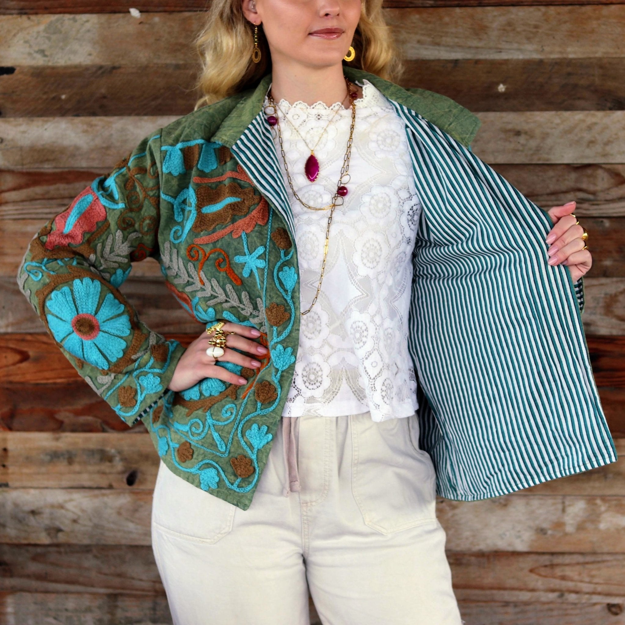 Cotton Suzani Jacket in Olive Sky- Handmade Jewellery - i am boho