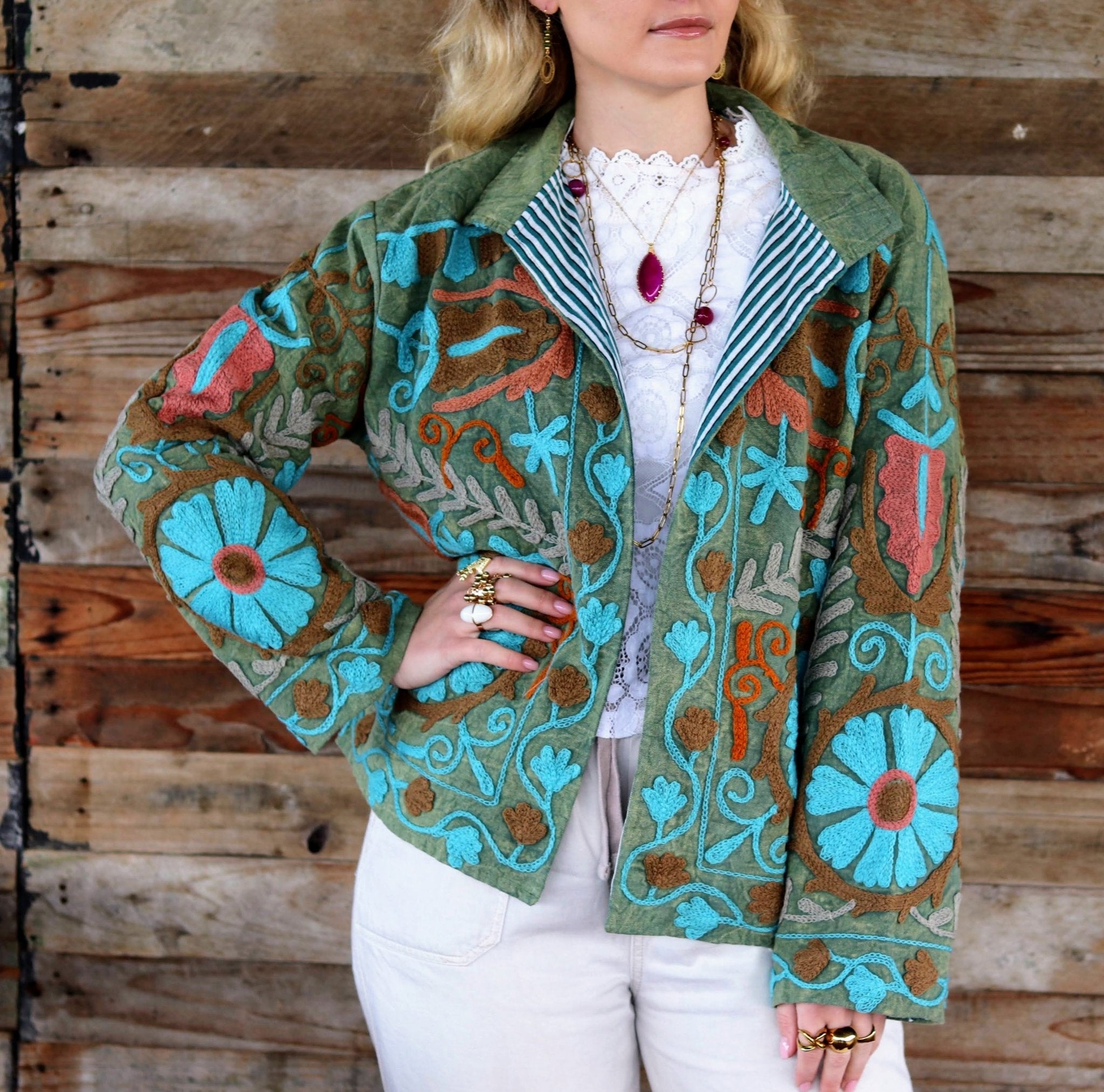 Cotton Suzani Jacket in Olive Sky- Handmade Jewellery - i am boho
