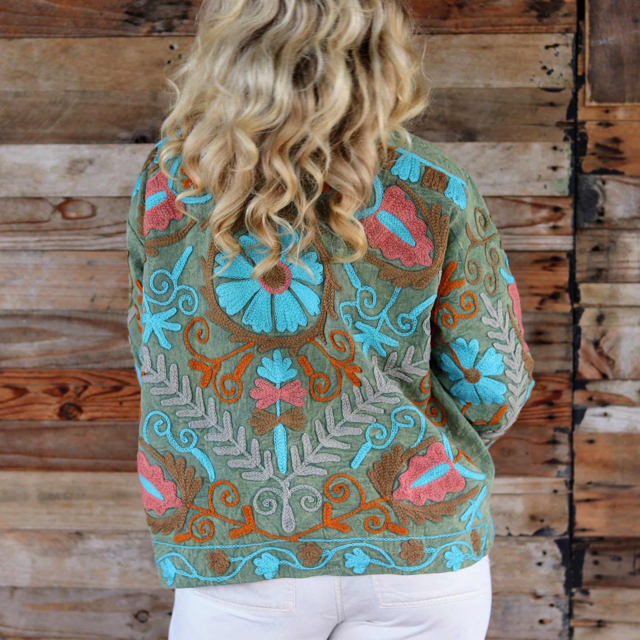 Cotton Suzani Jacket in Olive Sky- Handmade Jewellery - i am boho