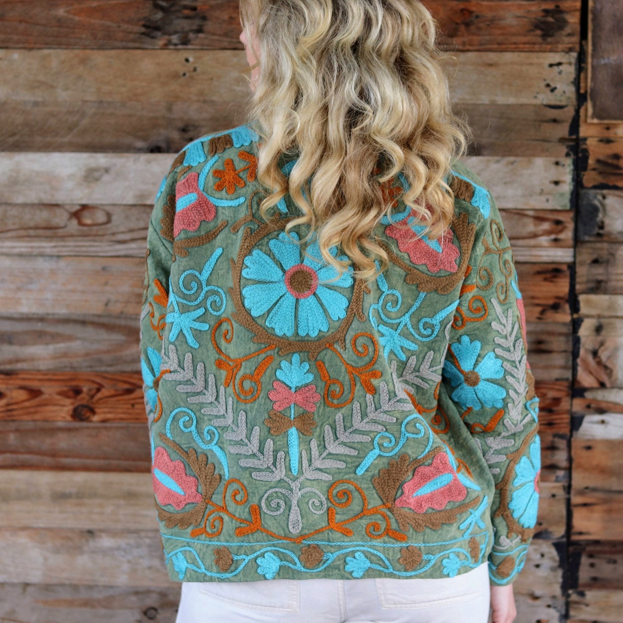 Cotton Suzani Jacket in Olive Sky- Handmade Jewellery - i am boho