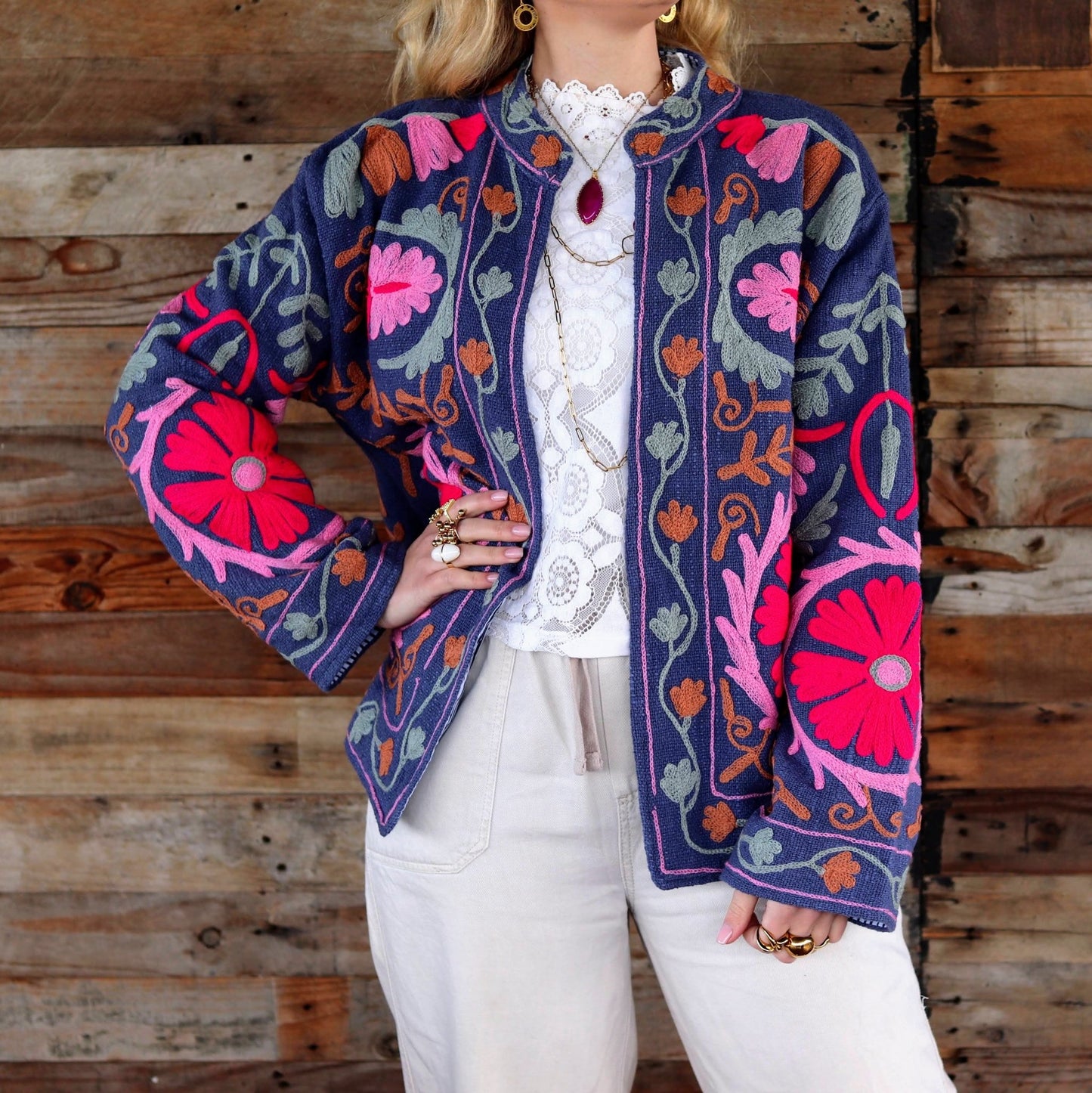 Cotton Suzani Jacket in Riviera Blue- Handmade Jewellery - i am boho