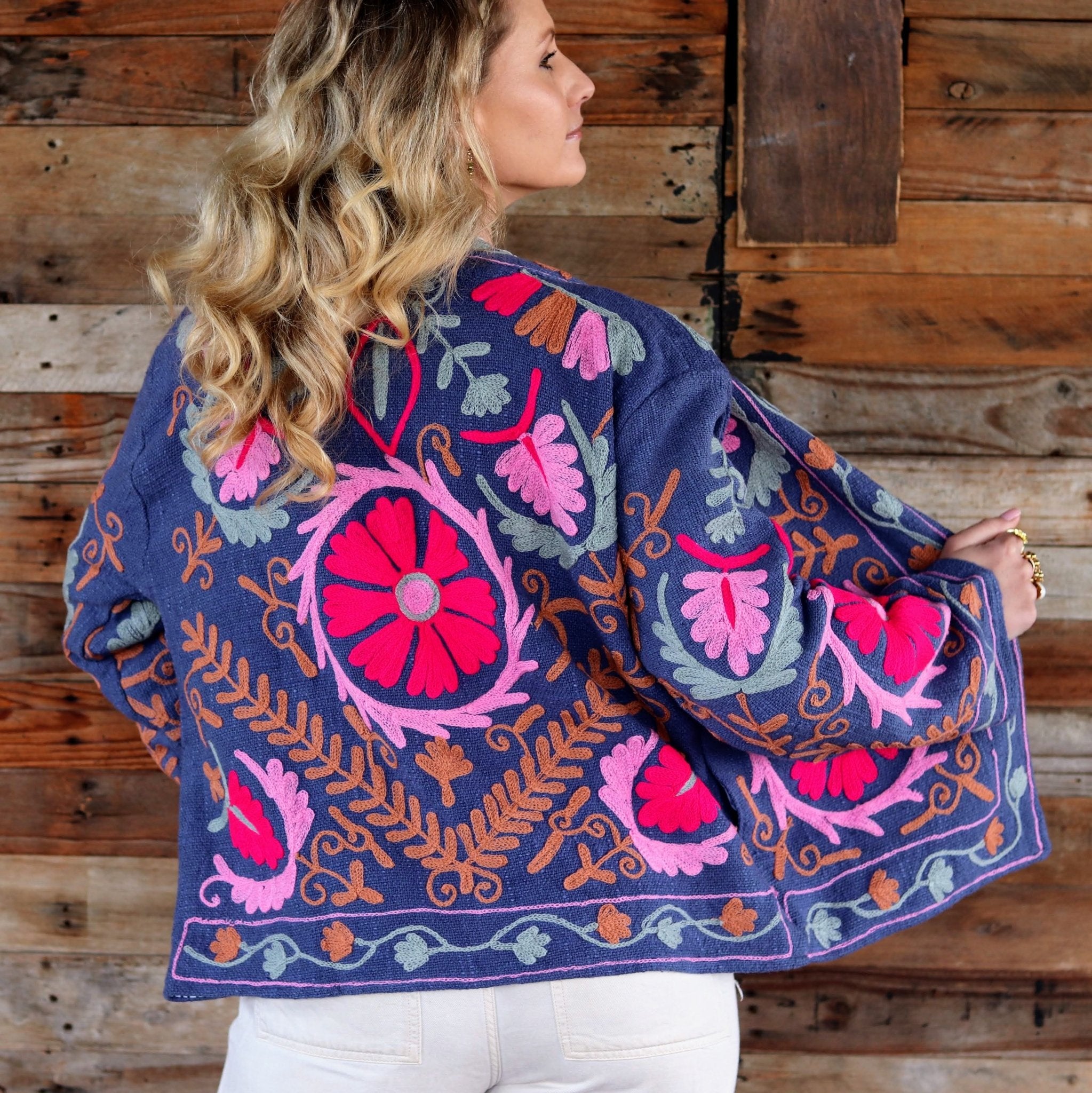 Cotton Suzani Jacket in Riviera Blue- Handmade Jewellery - i am boho