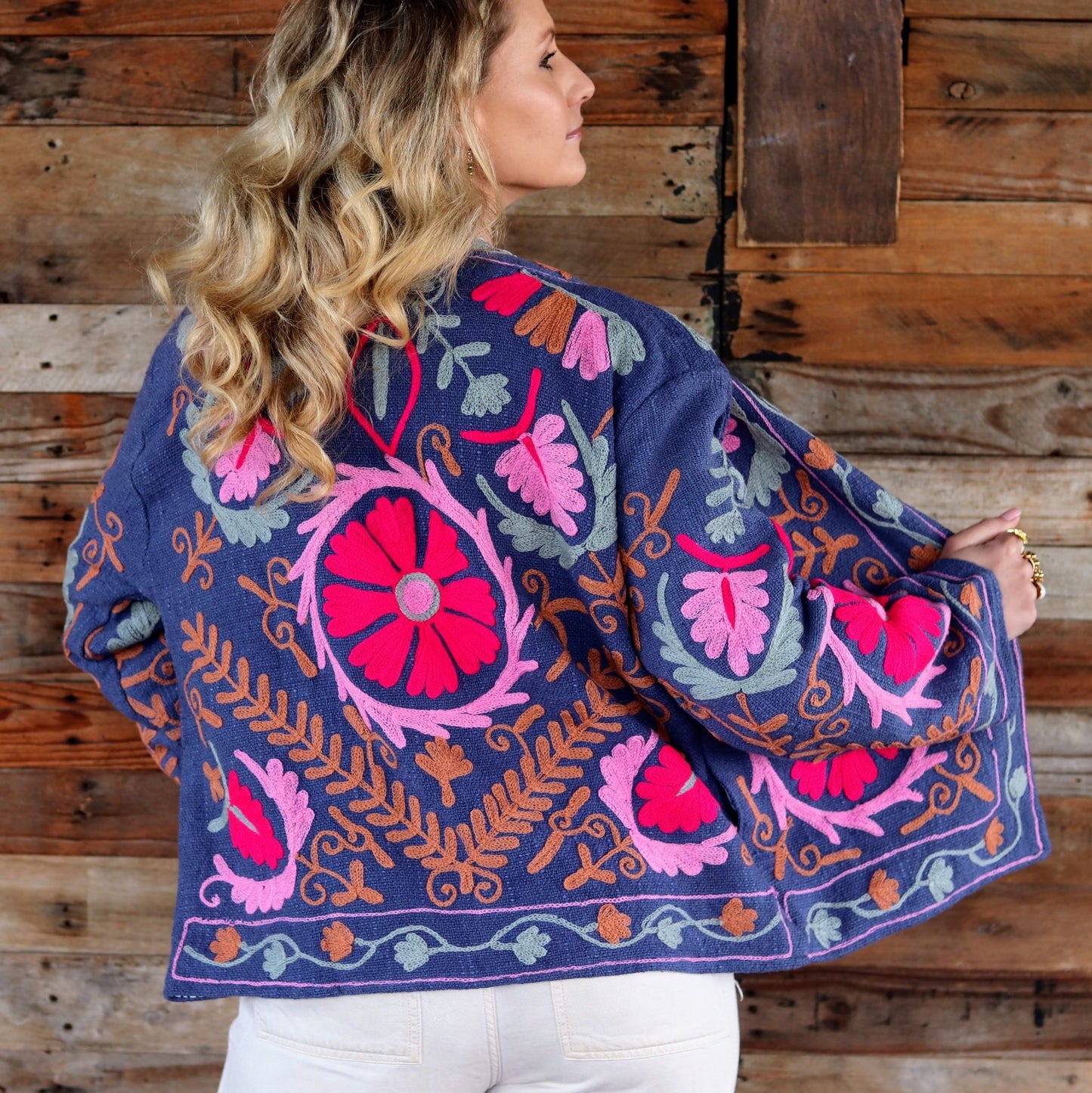 Cotton Suzani Jacket in Riviera Blue- Handmade Jewellery - i am boho