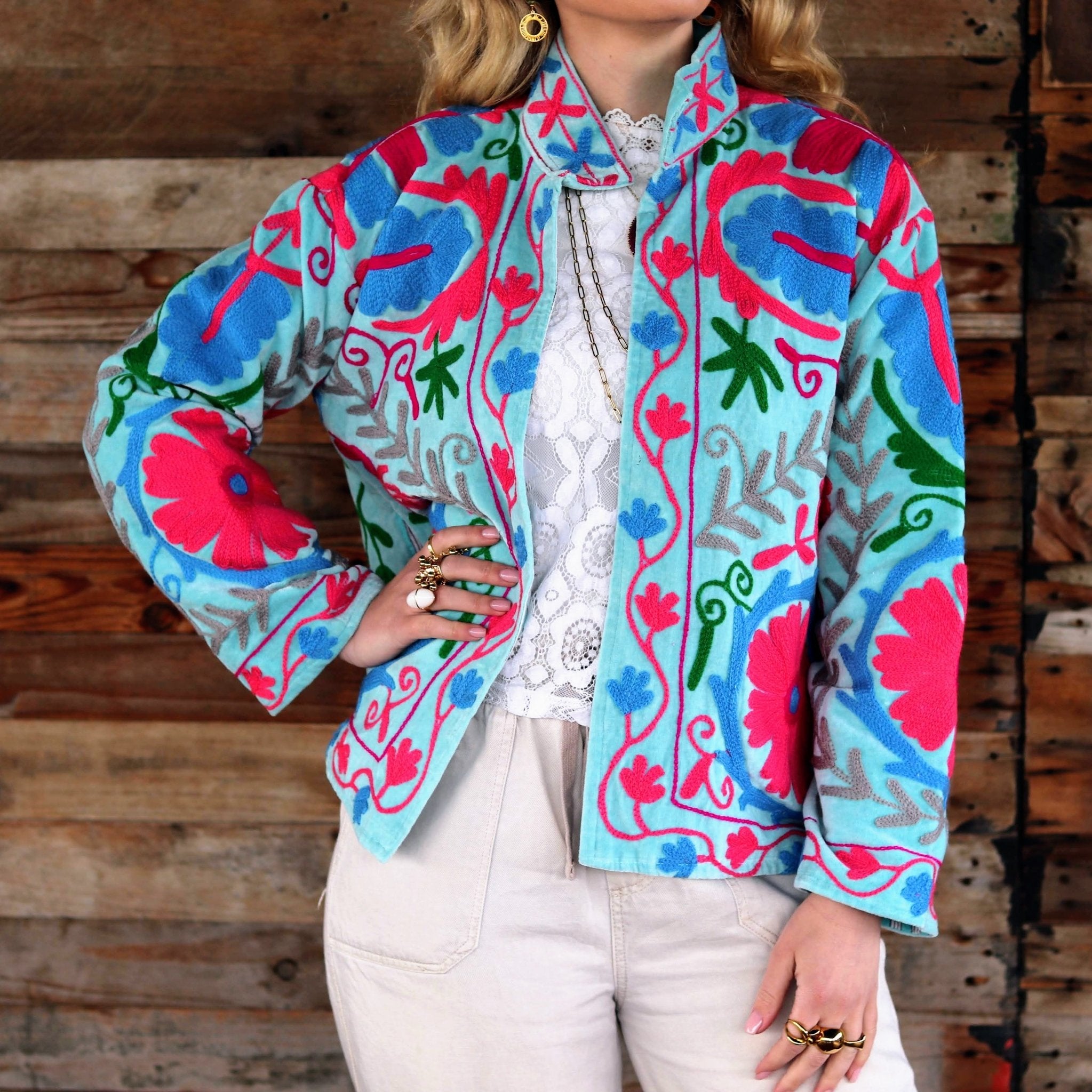 Velvet Suzani Jacket in Aqua Splash- Handmade Jewellery - i am boho